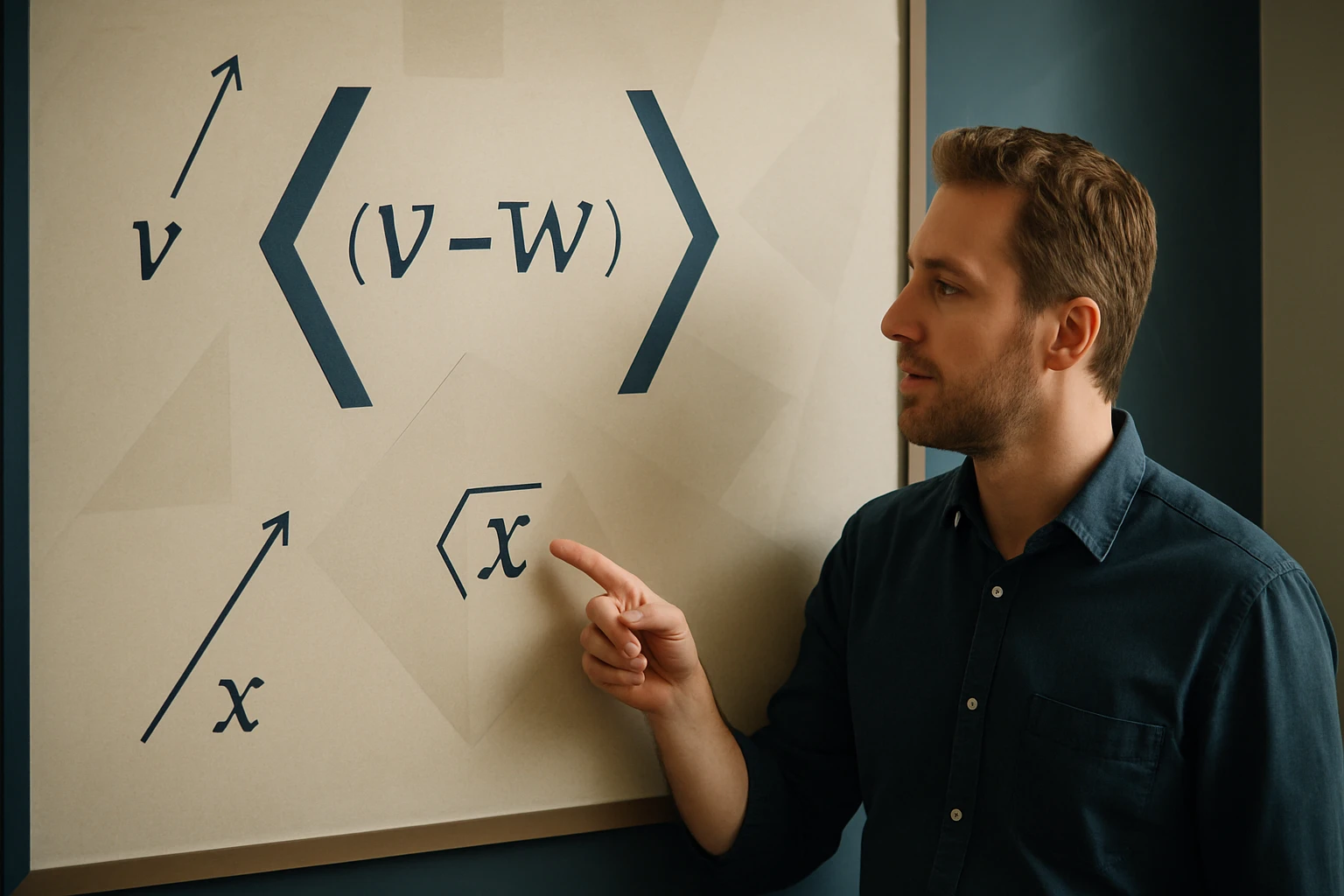 Egy férfi matematikai képleteket mutat be egy táblán, beleértve a vektort és gyököt.