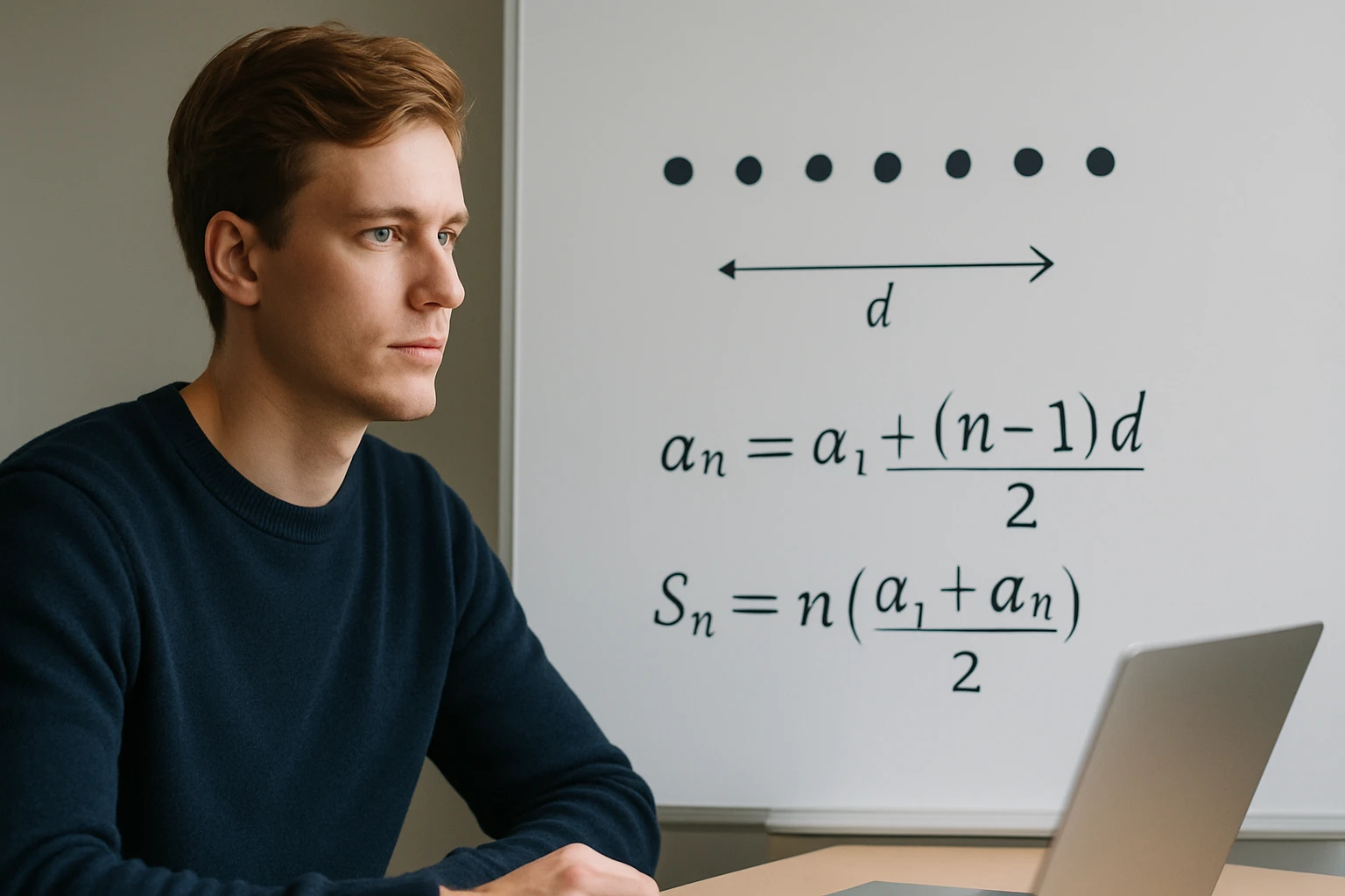 Egy fiatal férfi figyelmesen néz egy matematikai képlettel teli táblára.