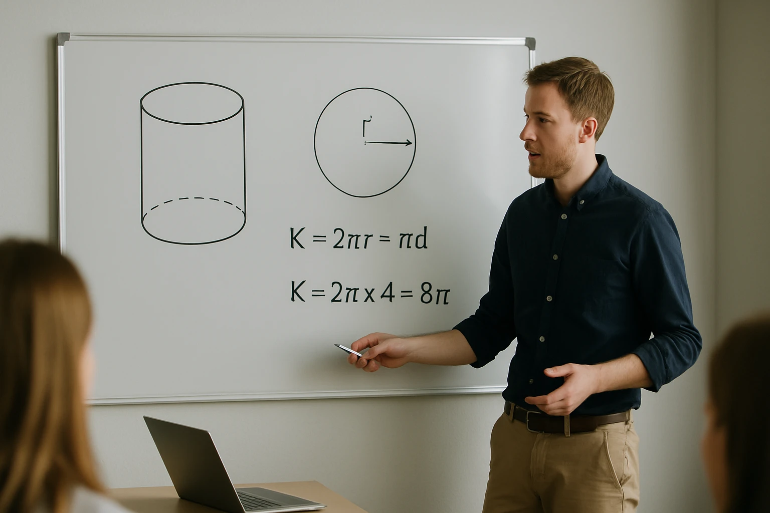 Egy férfi matematikai képleteket magyaráz egy táblán, kör és henger ábrákkal.