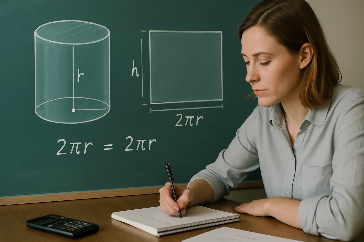Egy nő matematikai képleteket ír egy jegyzetfüzetbe, háttérben geometriai ábrák.