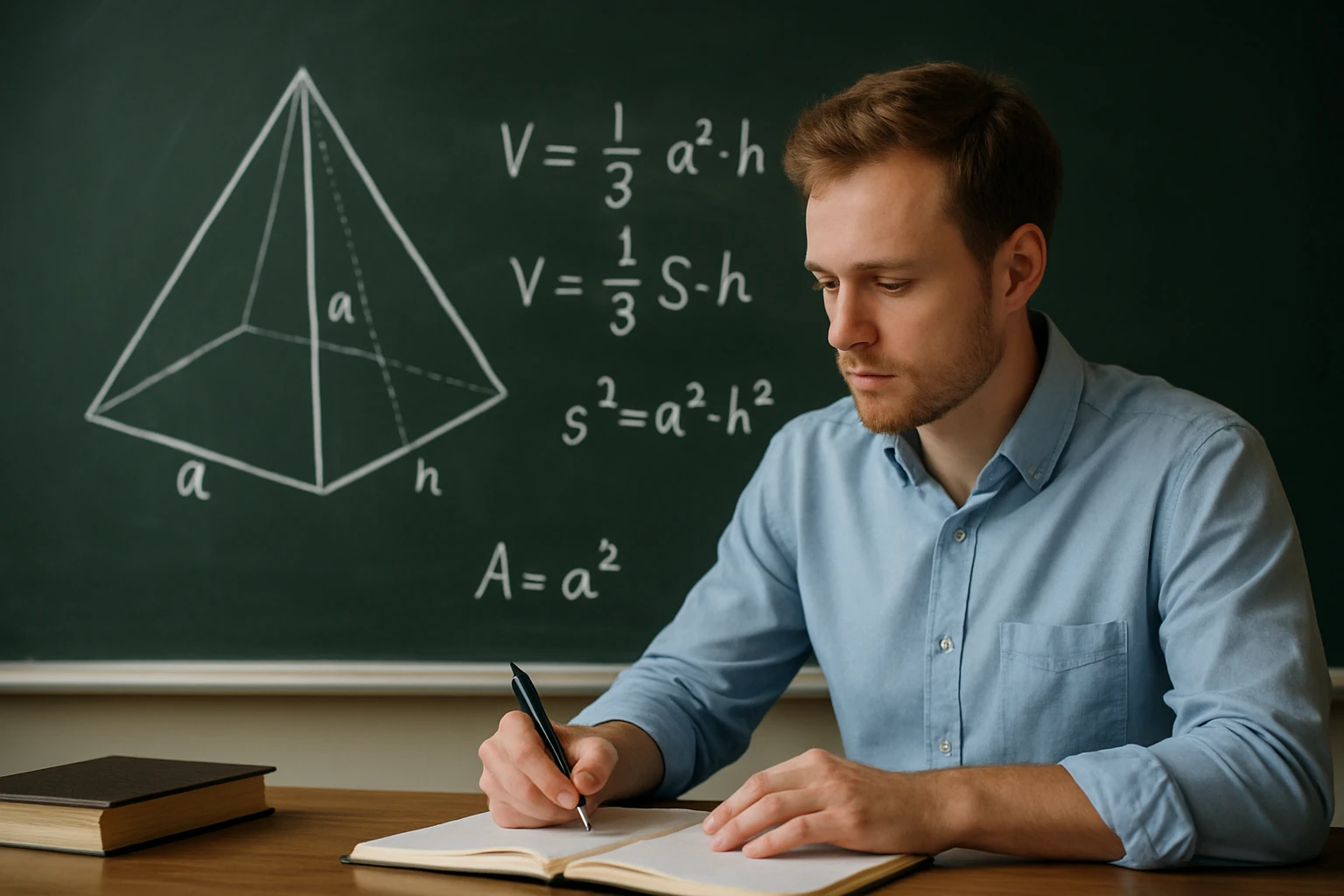 Egy fiatal férfi egy könyvbe ír, miközben egy piramis képe és képletek láthatók a táblán.