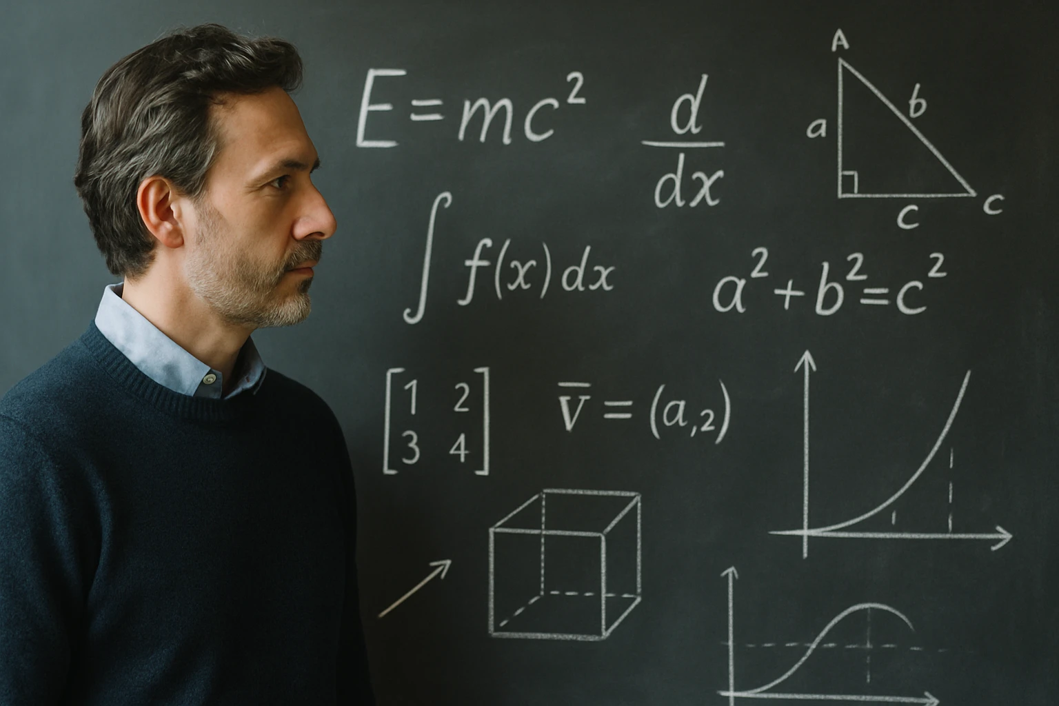 Egy férfi áll egy táblán, amelyen matematikai képletek és grafikonok láthatók.