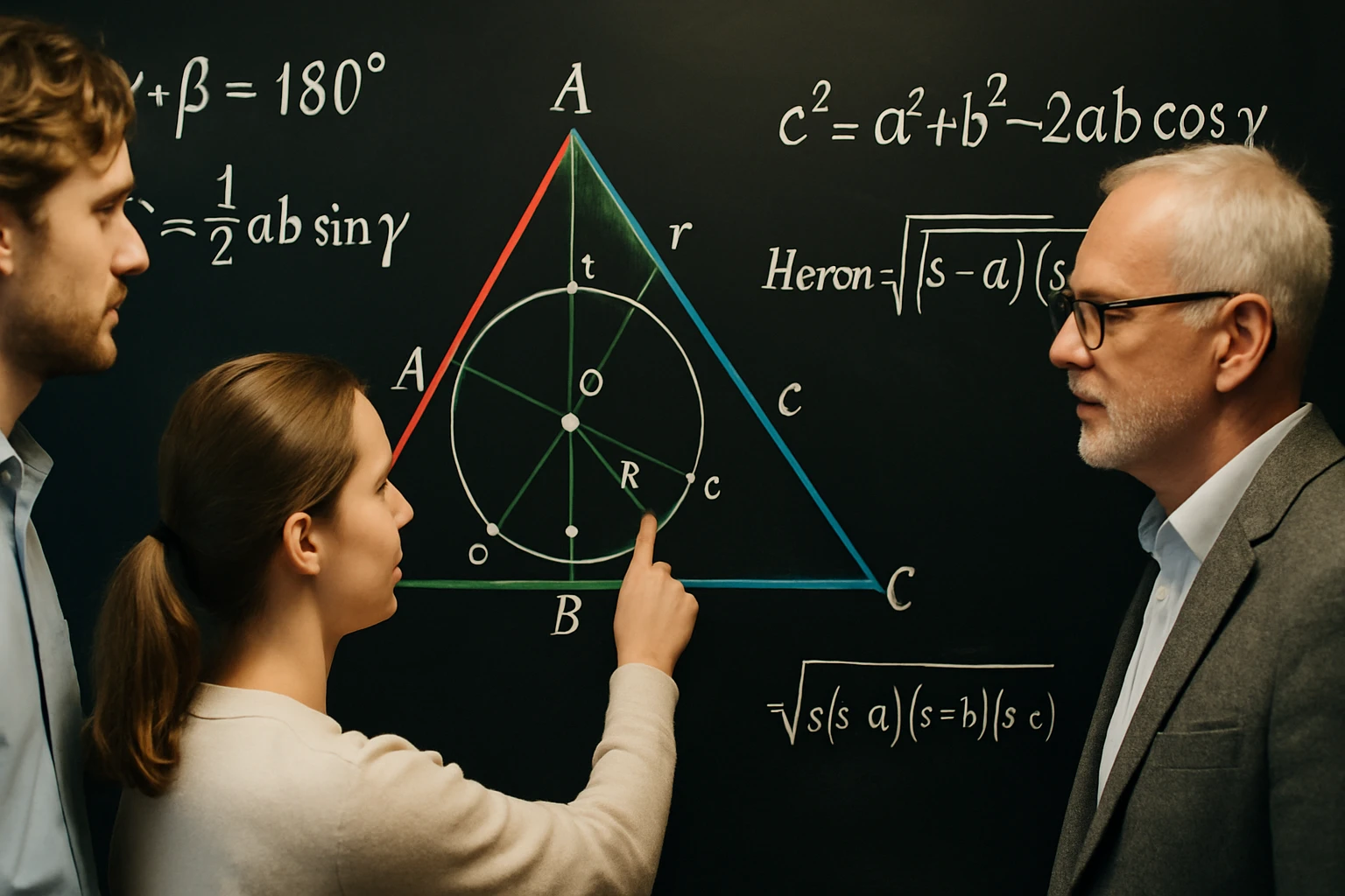 Két ember egy matematikai táblánál, ahol egy háromszög és képletek láthatók.