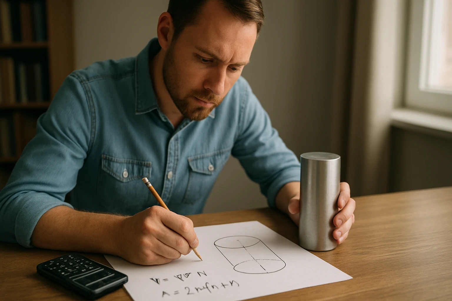 Egy férfi matematikai képleteket ír egy papírra, miközben egy henger alakú tárgyat tart a kezében.