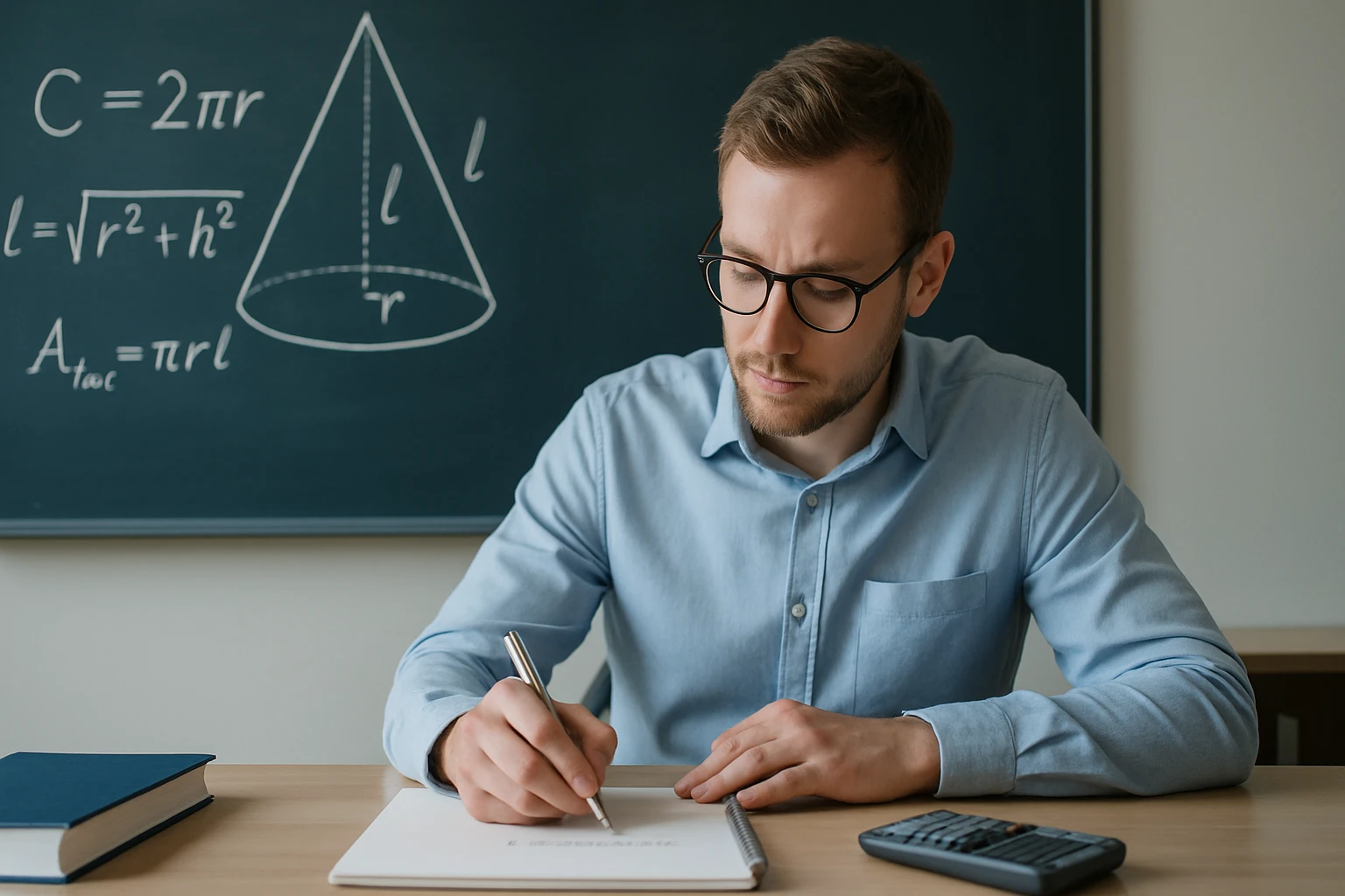 Egy fiatal férfi matematikai képleteket ír egy jegyzetfüzetbe.