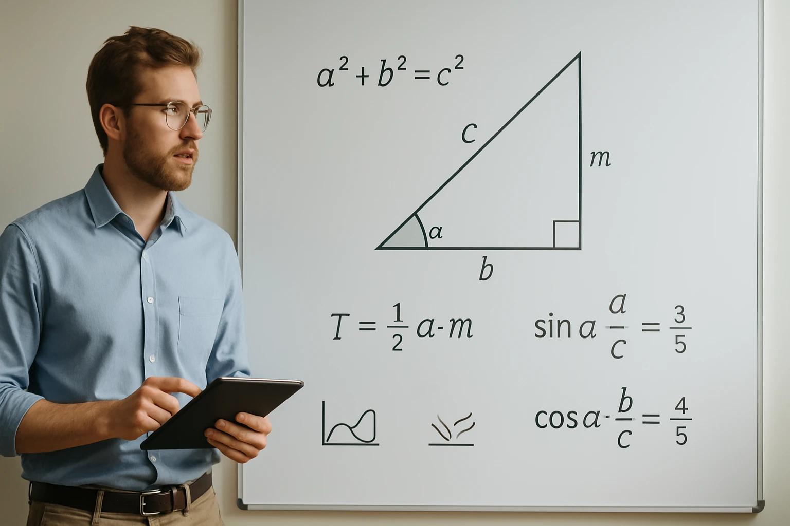 Egy tanár a táblánál, matematikai képletek és egy háromszög ábrázolásával.