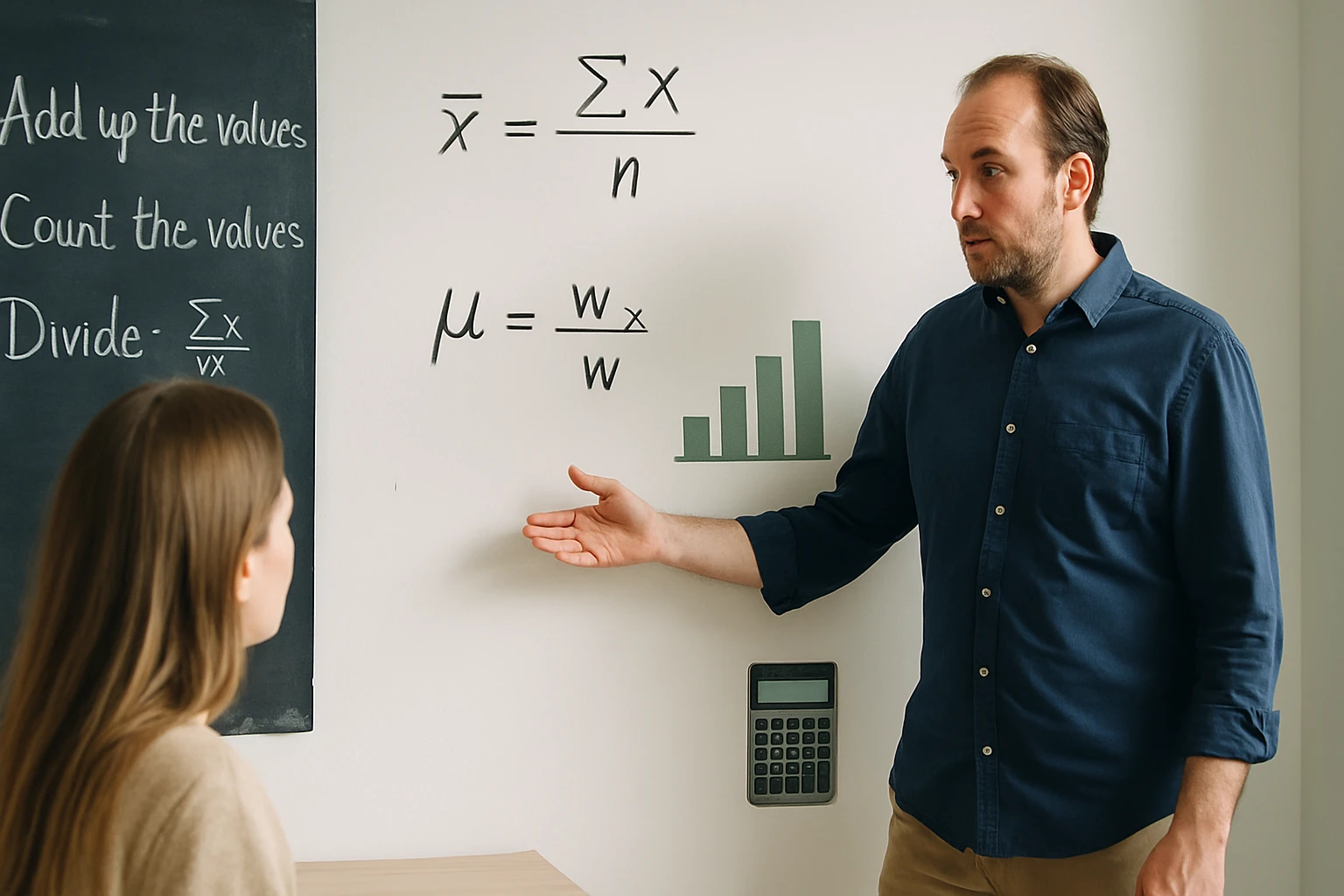 Egy tanár magyaráz matematikai képleteket egy diák előtt, táblán.