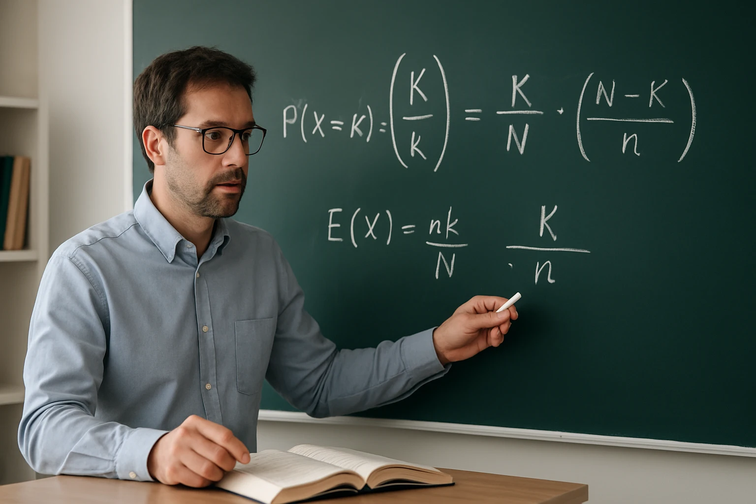 Egy tanár a táblán matematikai képleteket magyaráz, könyv előtt ülve.