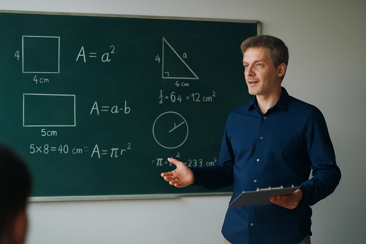 Egy tanár a táblánál matematikai képleteket magyaráz, különböző alakzatok területével.