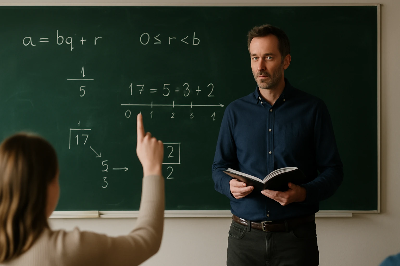 Egy diák kérdést tesz fel a tanárnak a táblánál, matematikai egyenletek láthatók.