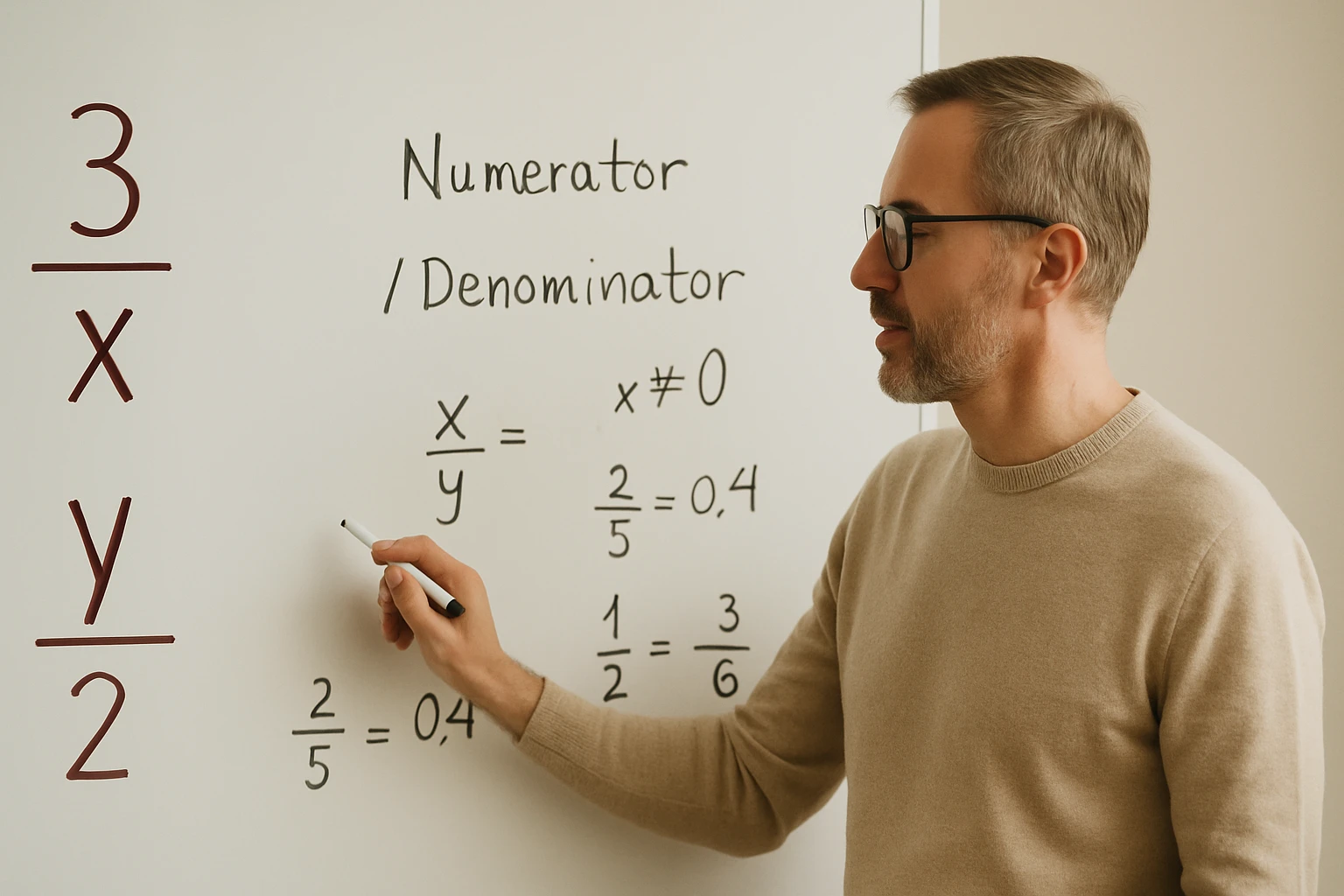 Egy férfi a táblán matematikai kifejezéseket magyaráz, például törtet és arányokat.