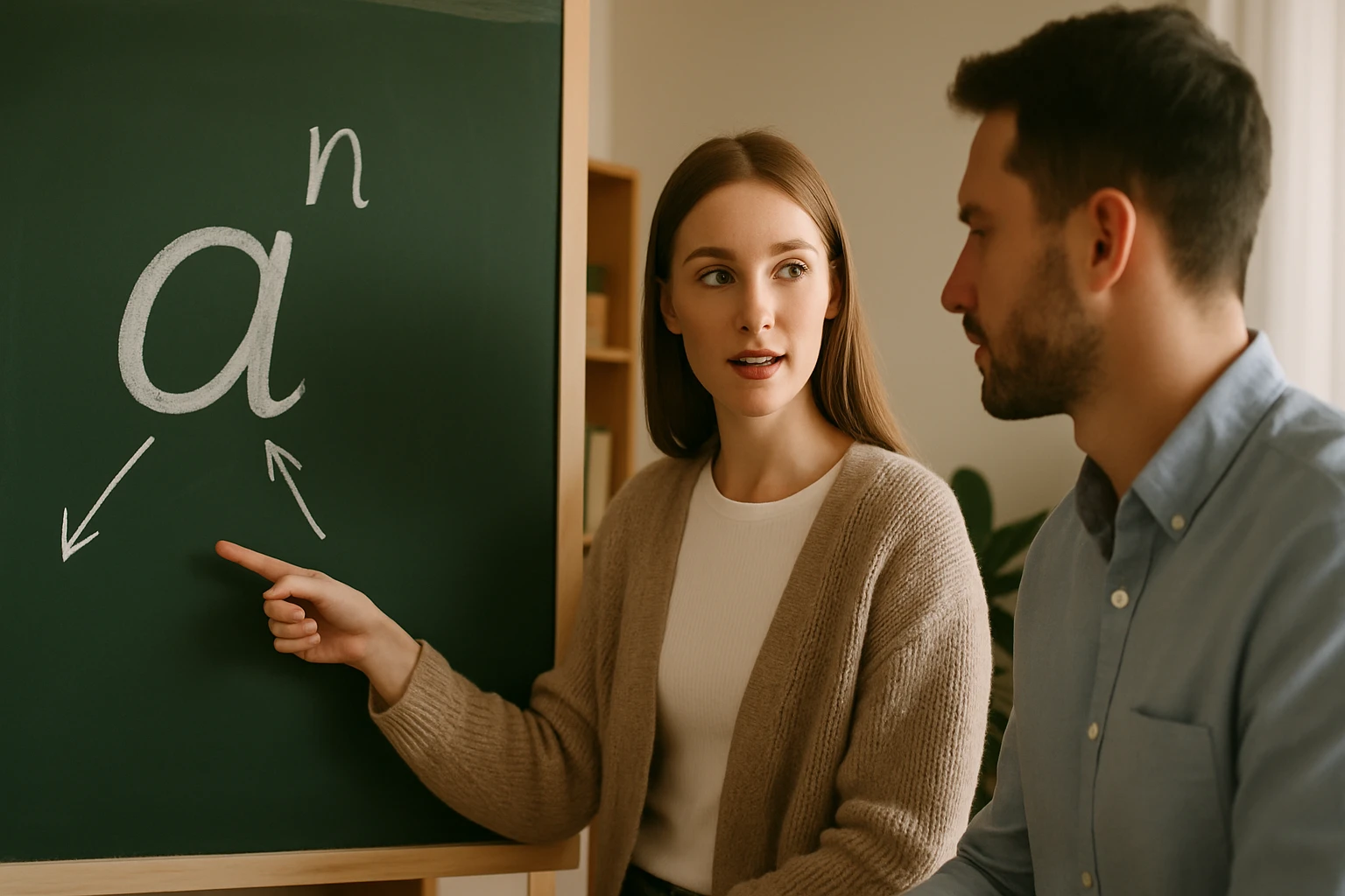 Egy nő a táblán lévő matematikai kifejezést mutatja, miközben beszélget egy férfival.