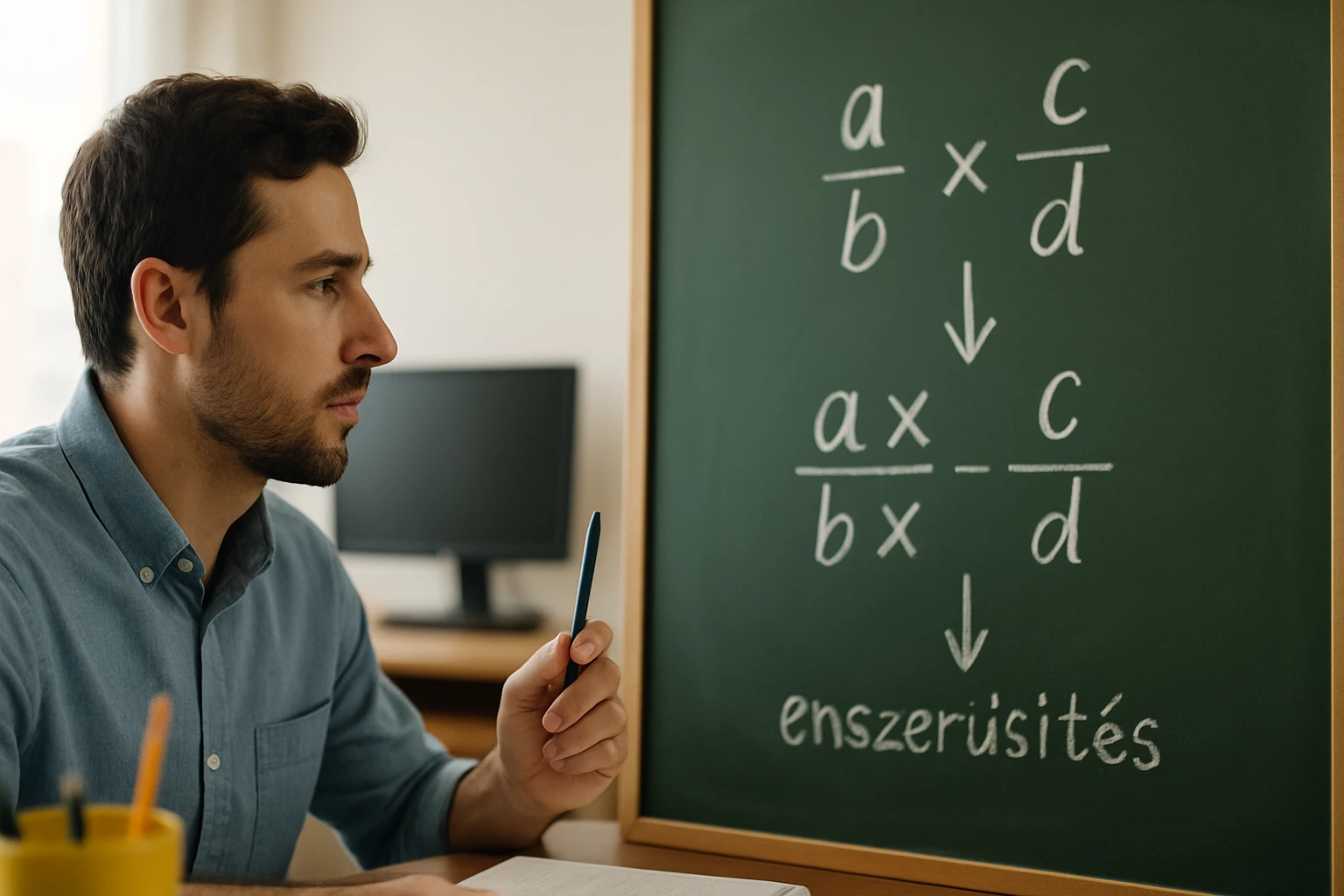 Egy férfi a táblán lévő matematikai kifejezést nézi, miközben jegyzetel.