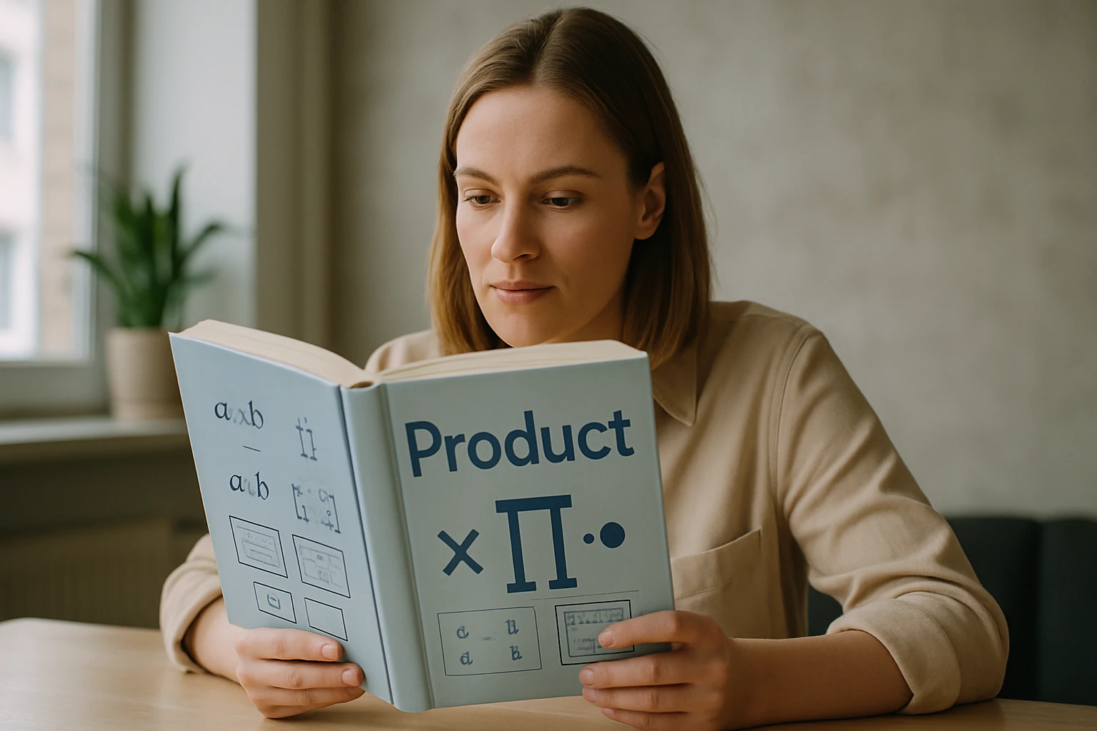 Egy fiatal nő egy matematikai könyvet olvas, amely a szorzásról szól.