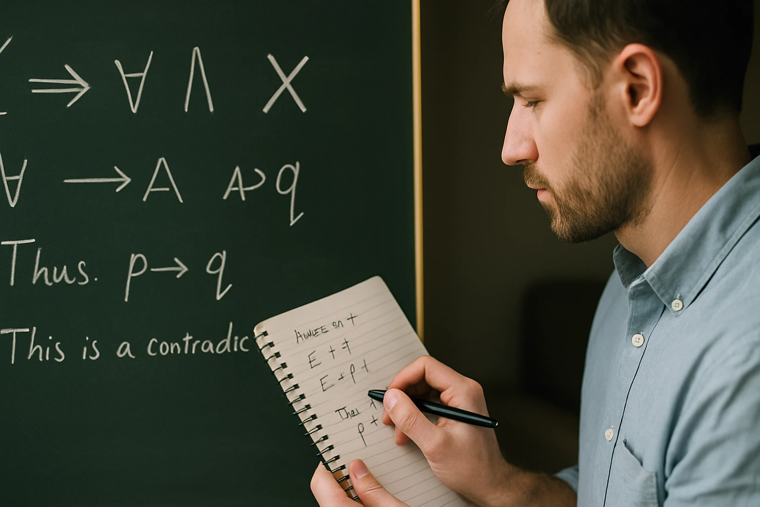 Egy férfi matematikai képleteket ír egy jegyzetfüzetbe, miközben a táblán logikai szimbólumok láthatók.