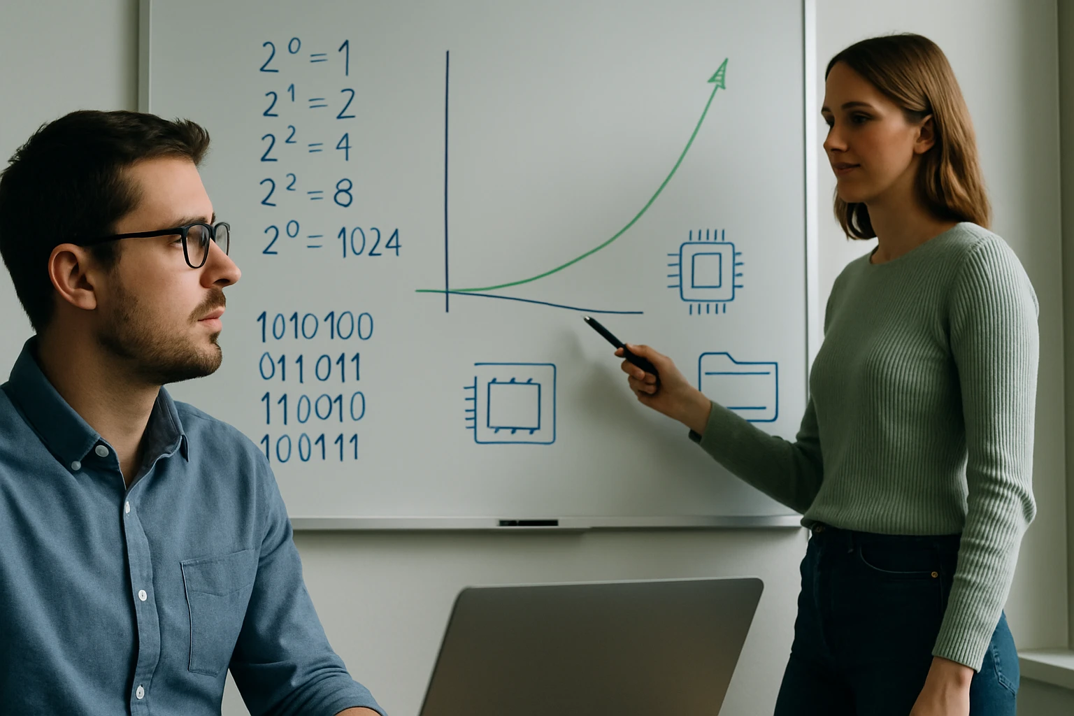 Egy nő matematikai képleteket magyaráz egy férfinak, háttérben táblával.