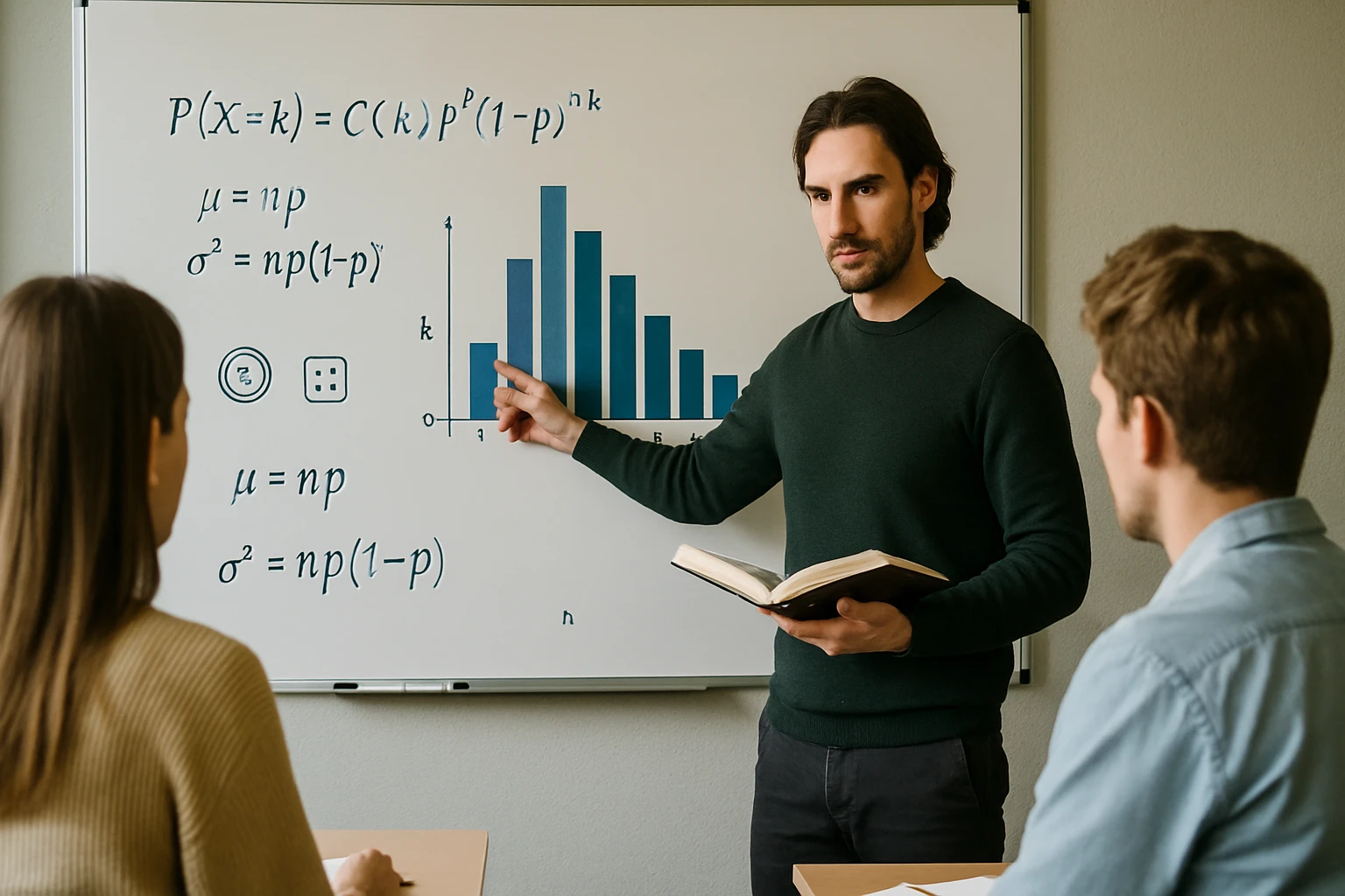 Egy férfi matematikai képleteket magyaráz egy táblán, diákok figyelnek.