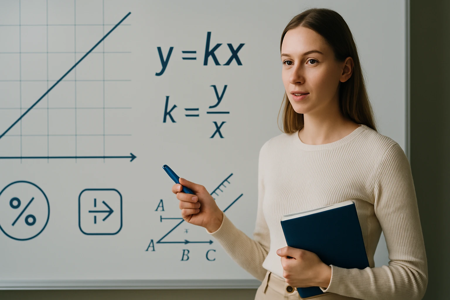 Egy fiatal nő matematikai képleteket mutat egy táblán, miközben magyaráz.