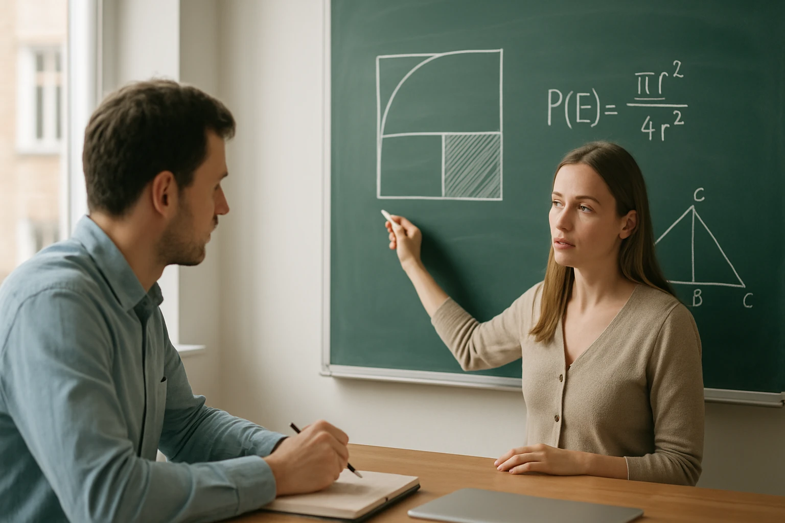 Egy nő matematikai képleteket magyaráz egy férfinak egy táblán.