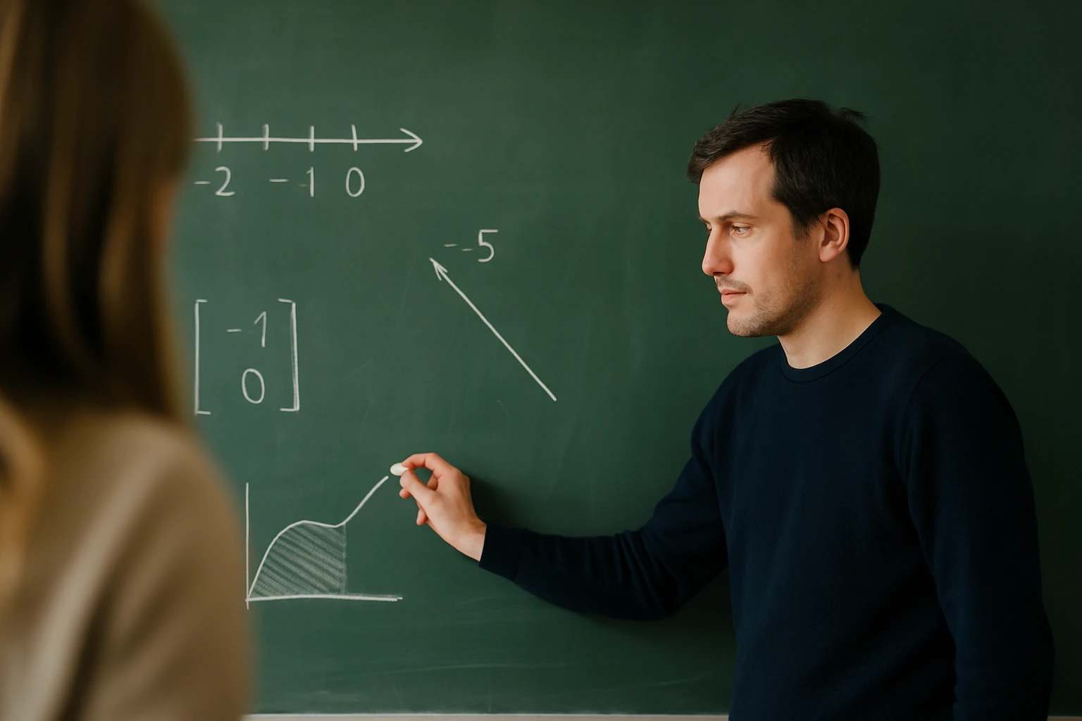 Egy tanár a táblán matematikai grafikont és számokat magyaráz.