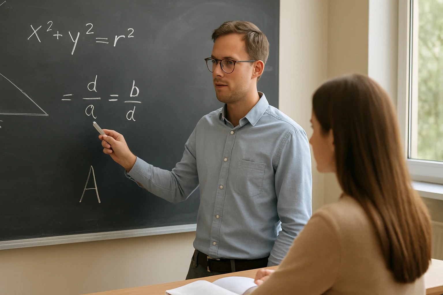 Egy tanár magyaráz matematikai egyenleteket táblánál, diák figyel.