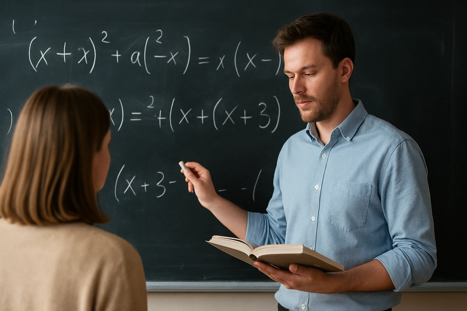 Egy férfi matematikai egyenleteket magyaráz a táblán, miközben egy nő figyel.