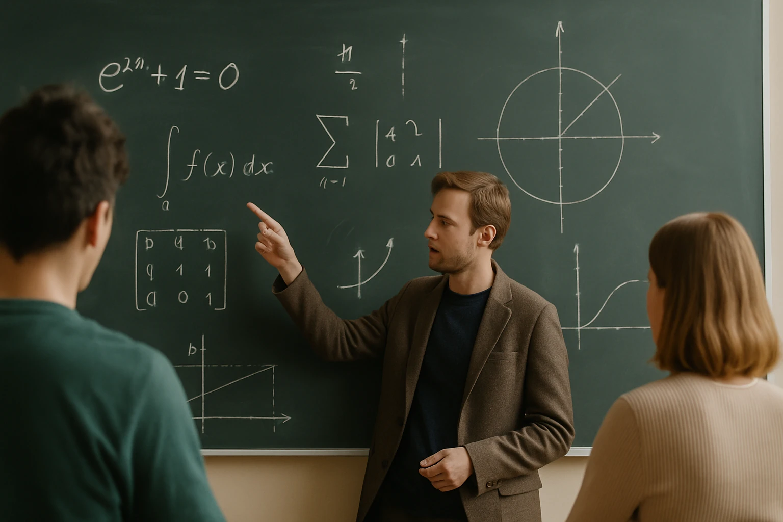 Egy tanár matematikai képleteket magyaráz a táblán, diákok figyelnek.