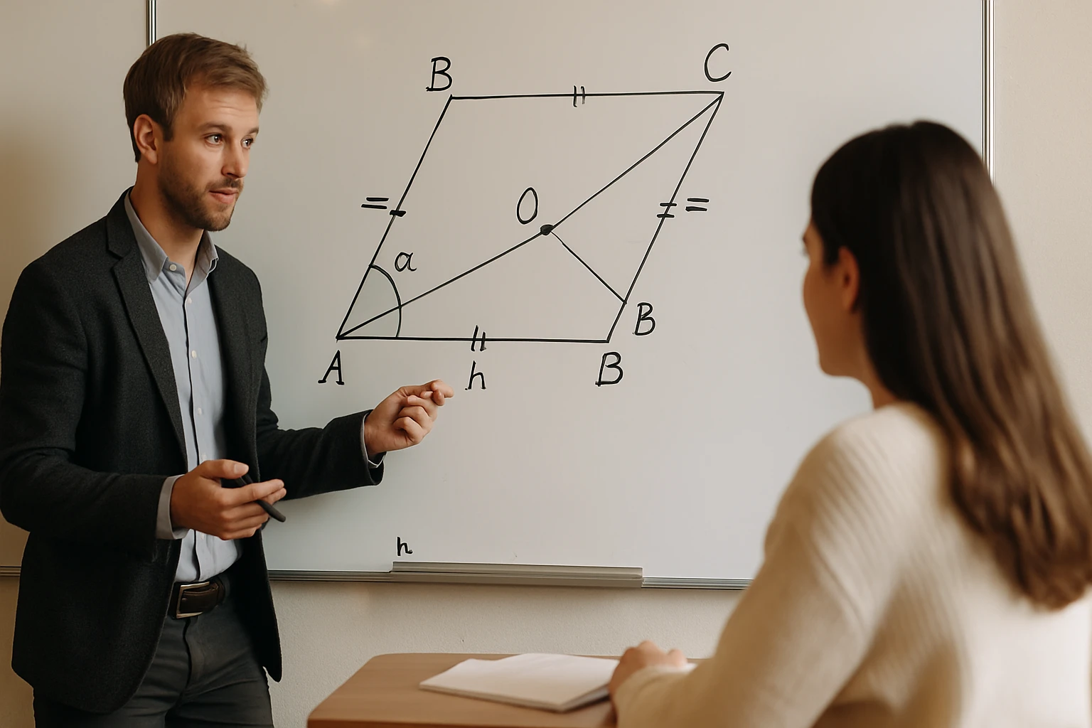 Egy férfi matematikai magyarázatot ad egy paralelogrammáról a táblán.