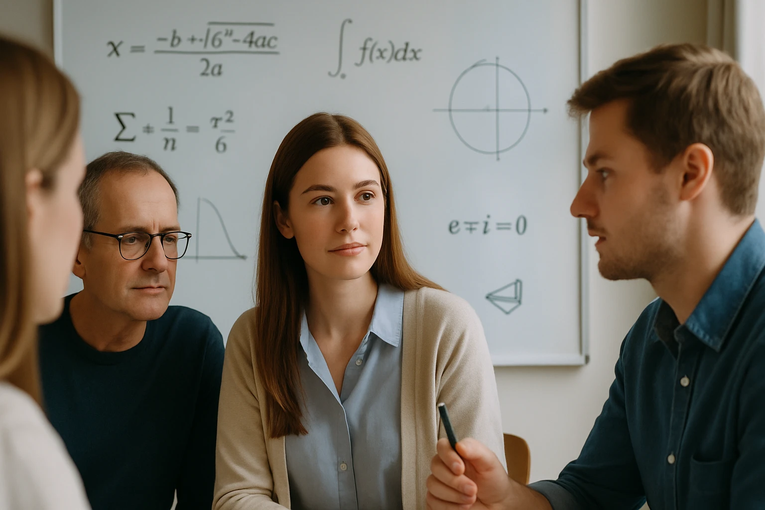 Négy ember egy matematikai problémát vitat meg egy táblánál.