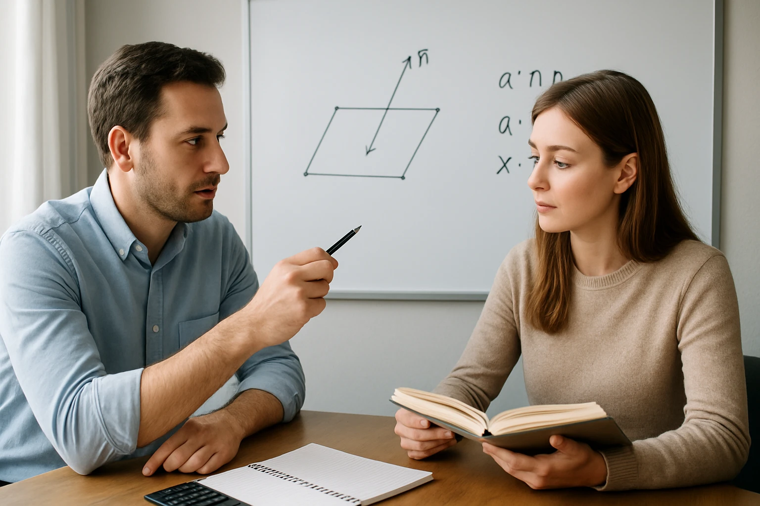 Egy férfi és egy nő matematikai problémát beszélgetnek egy asztalnál.