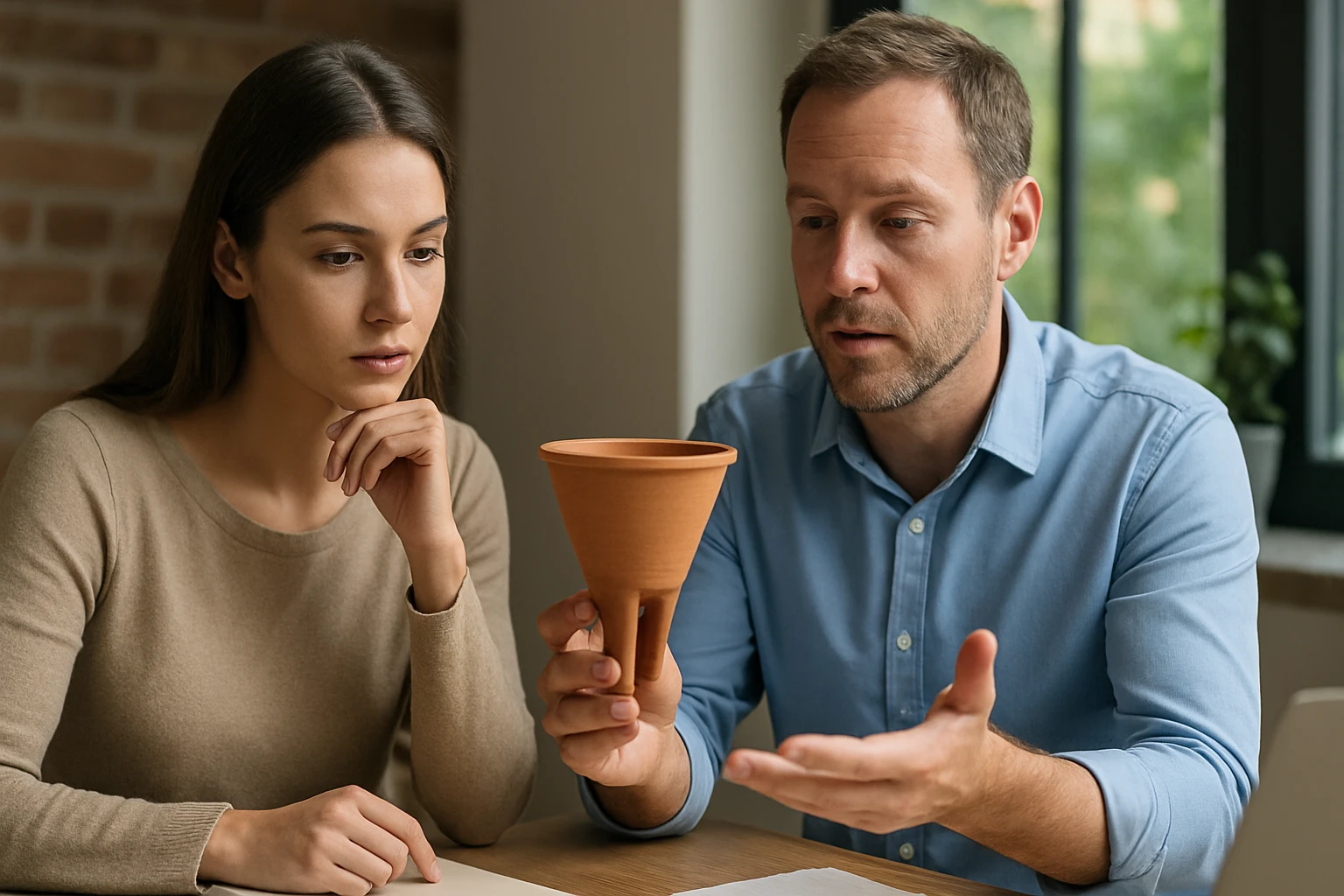 Két ember egy agyag tölcsért néz, miközben beszélgetnek a matematikai modellezésről.