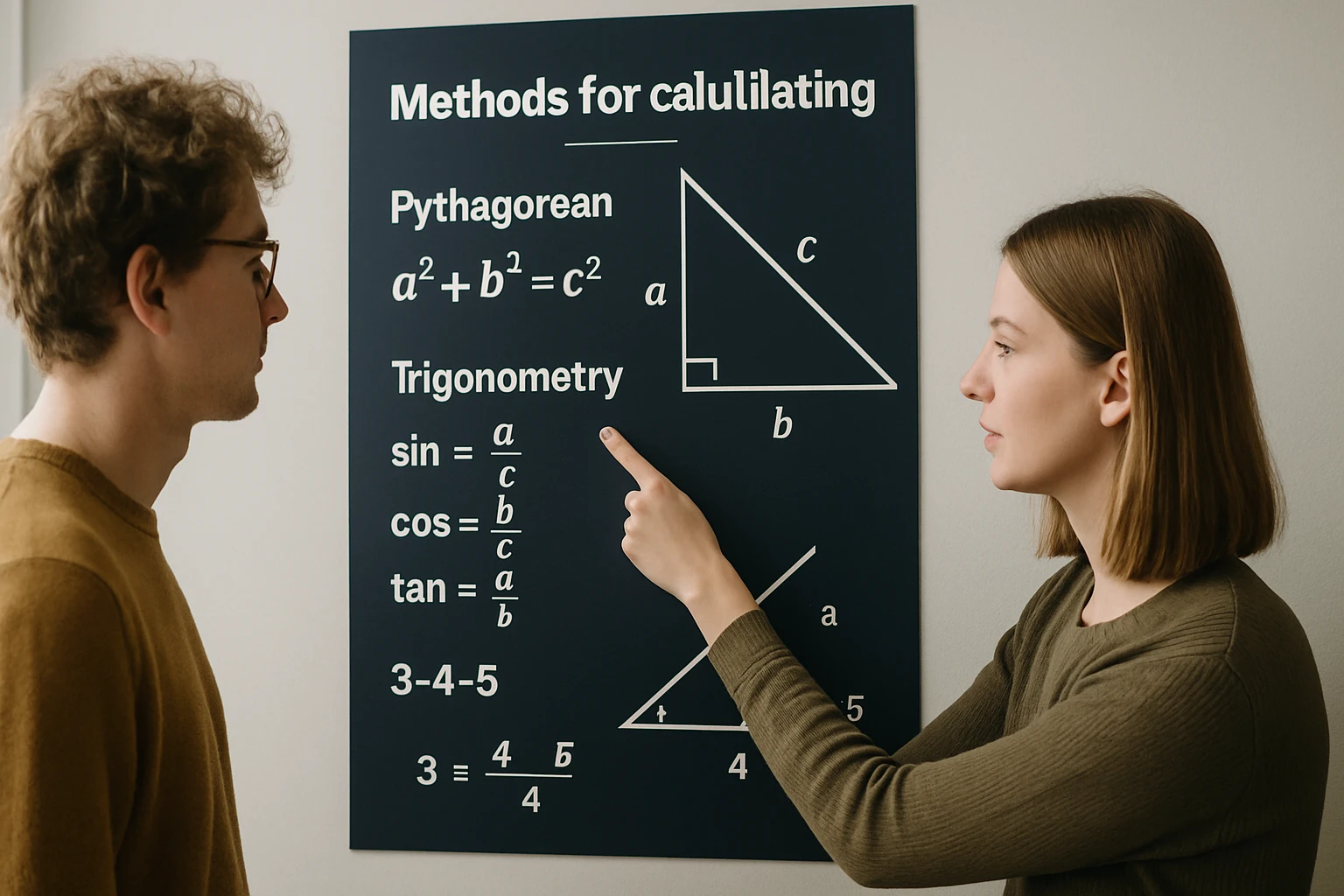 Két fiatal, aki egy matematikai táblázatot néz, amely a Pithagorasz-tételt és trigonometriai képleteket tartalmaz.