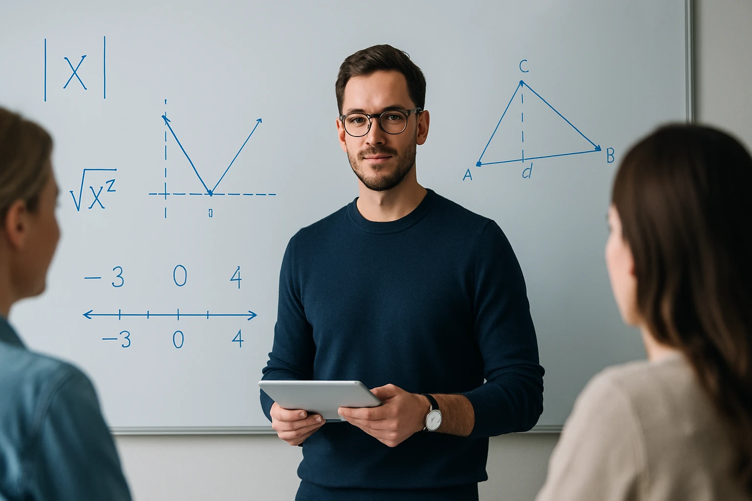 Egy férfi matematikai fogalmakat magyaráz a táblán, diákok előtt.