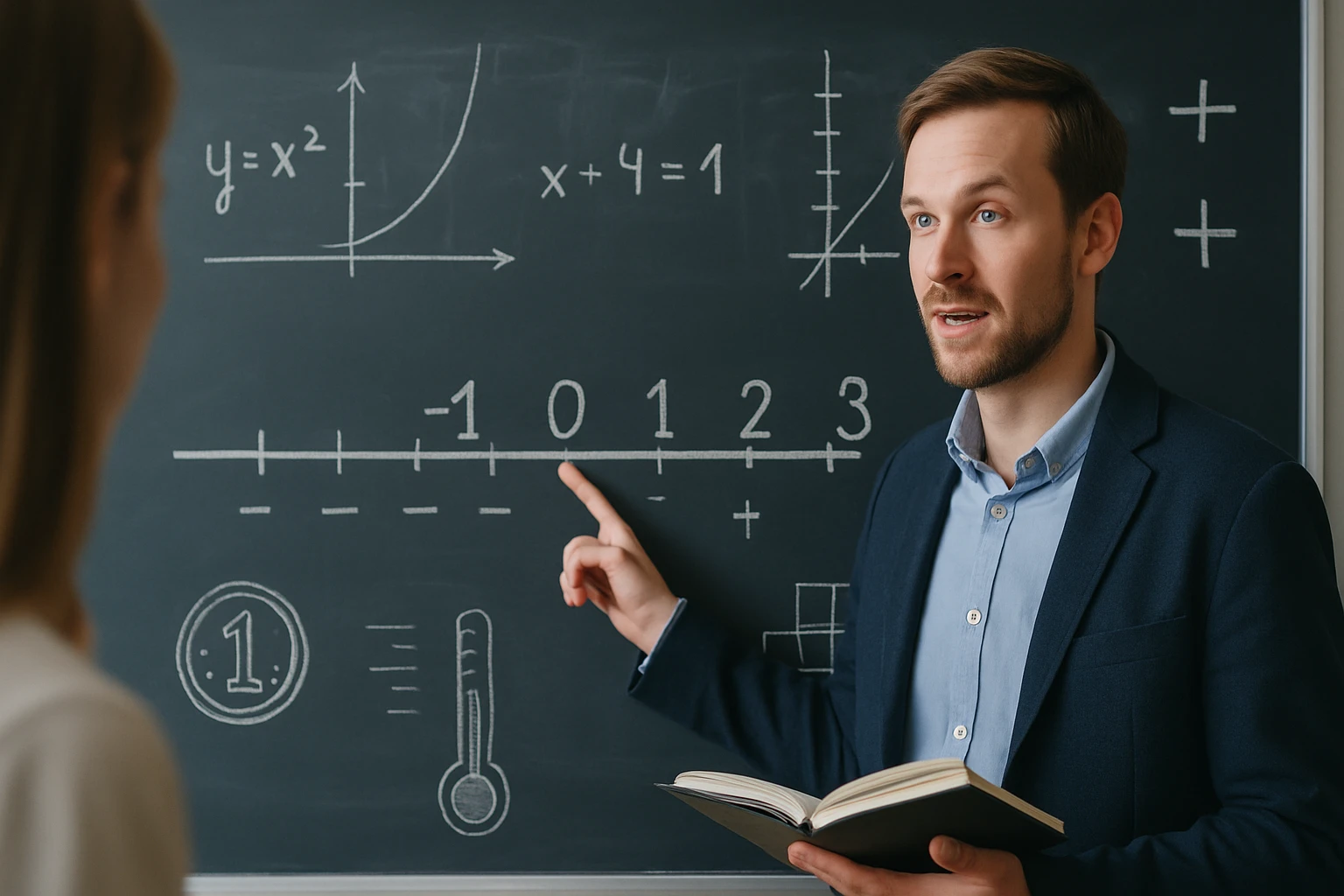 Egy tanár matematikai fogalmakat magyaráz a táblán, diákoknak mutatva.