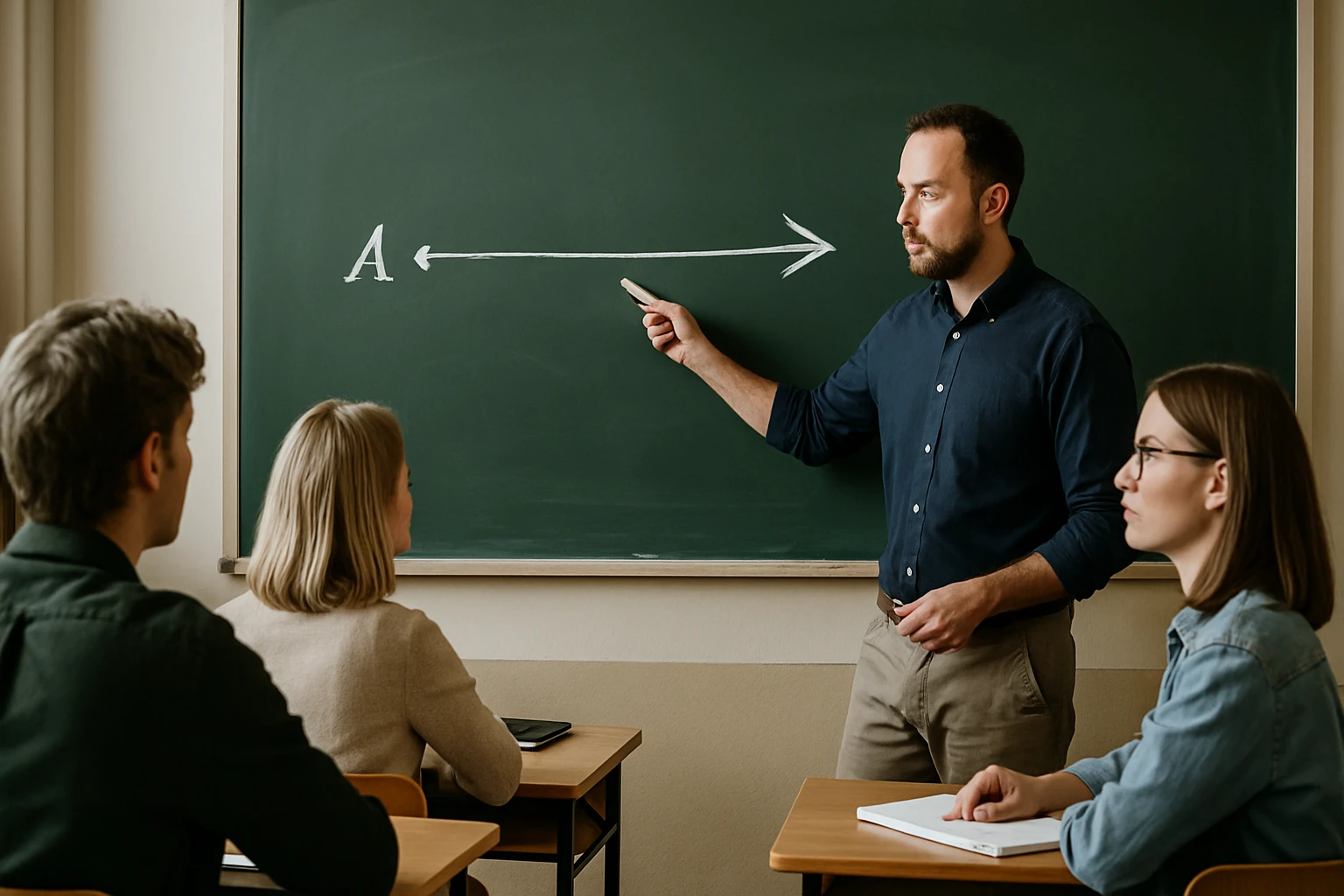 Egy tanár a táblánál mutat egy matematikai ábrát, diákok figyelnek rá.