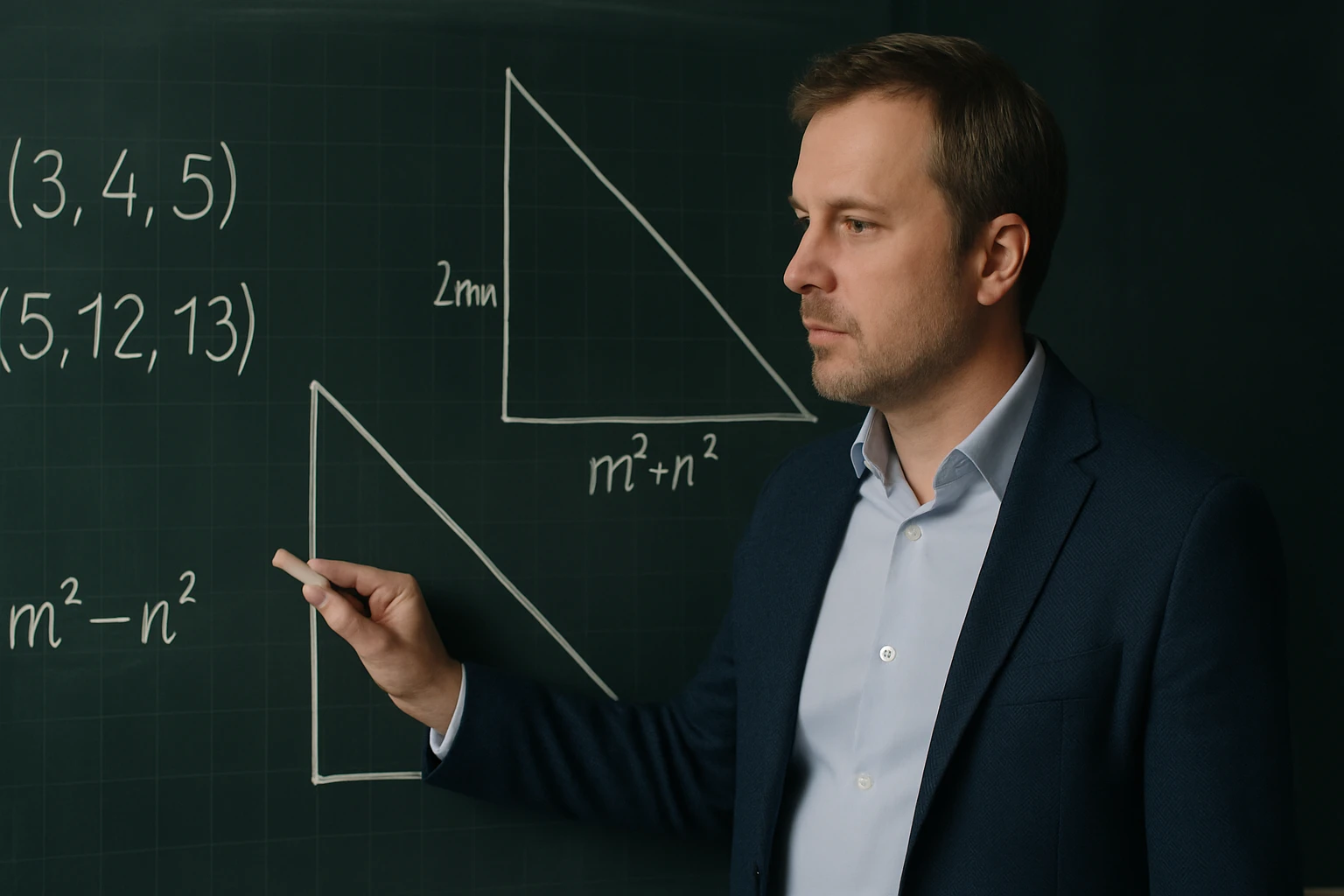 Egy tanár a táblánál, derékszögű háromszögeket és egyenleteket mutat be.