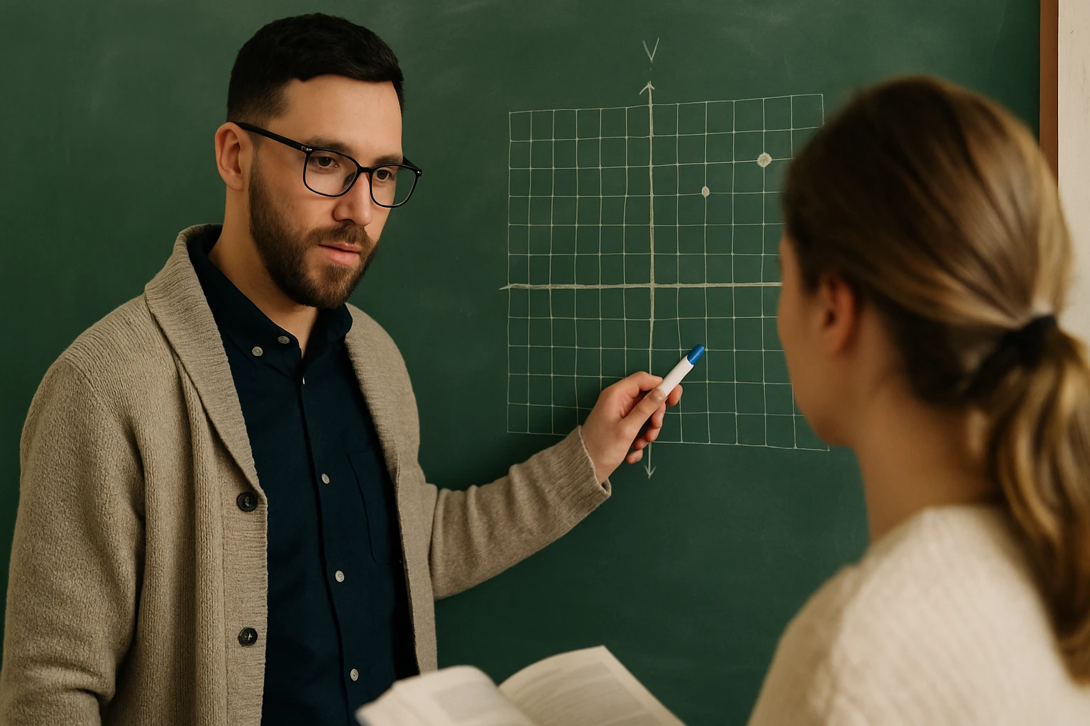 Egy tanár grafikonon mutat be matematikai fogalmakat egy diáknak.