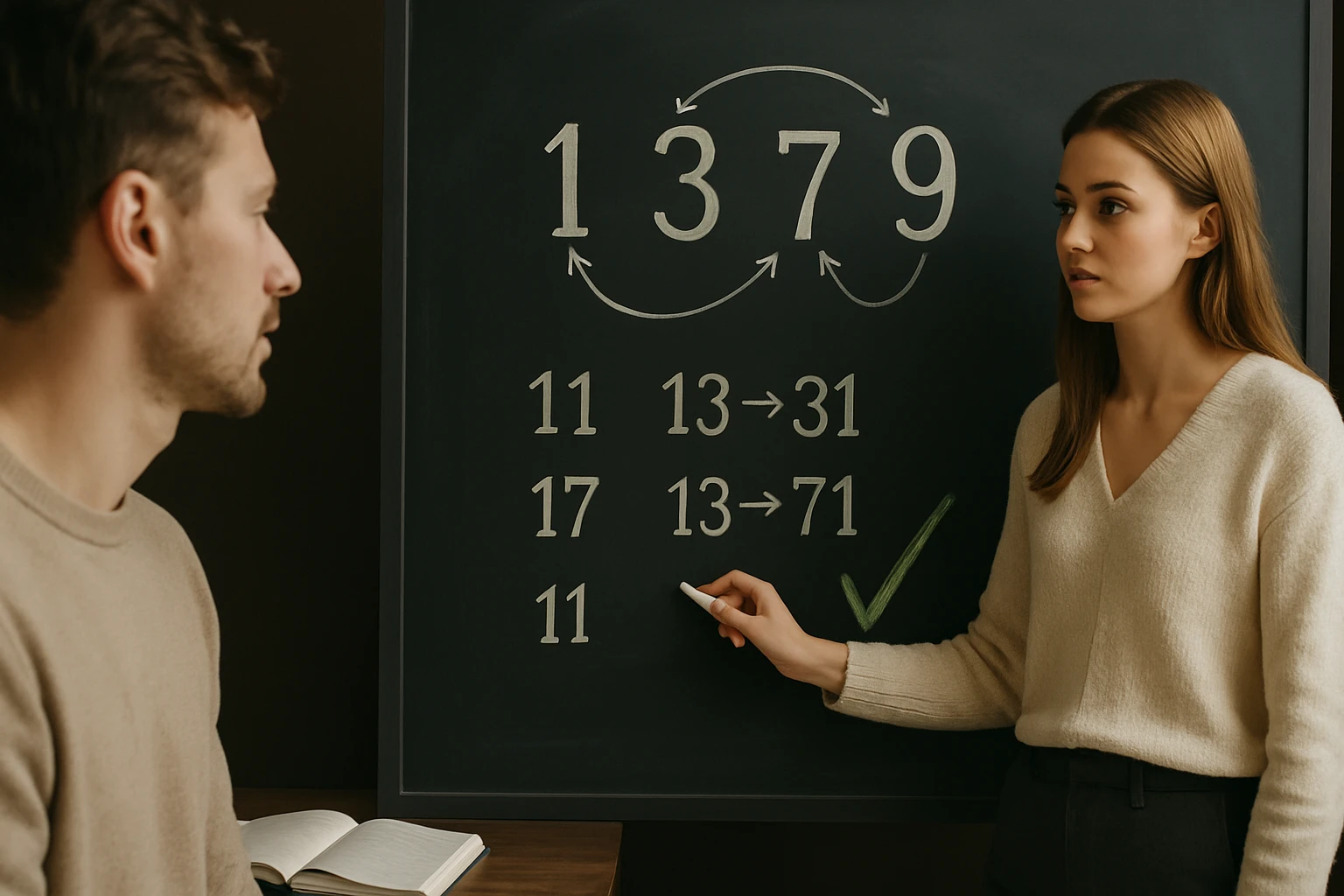 Egy nő magyaráz matematikai összefüggéseket egy táblán, férfi figyel.