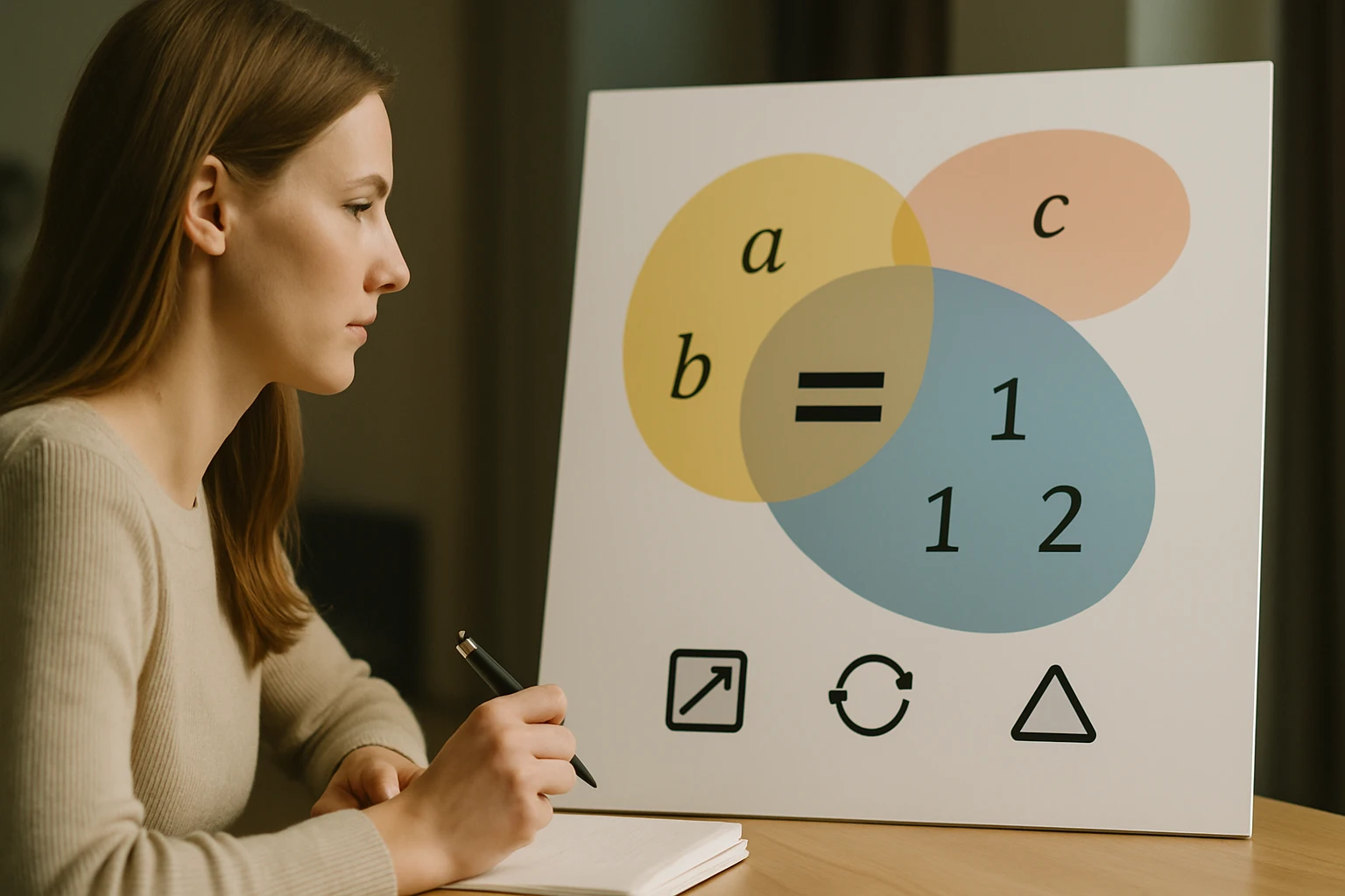 Egy nő figyelmesen nézi a Venn-diagramot, amely matematikai összefüggéseket ábrázol.