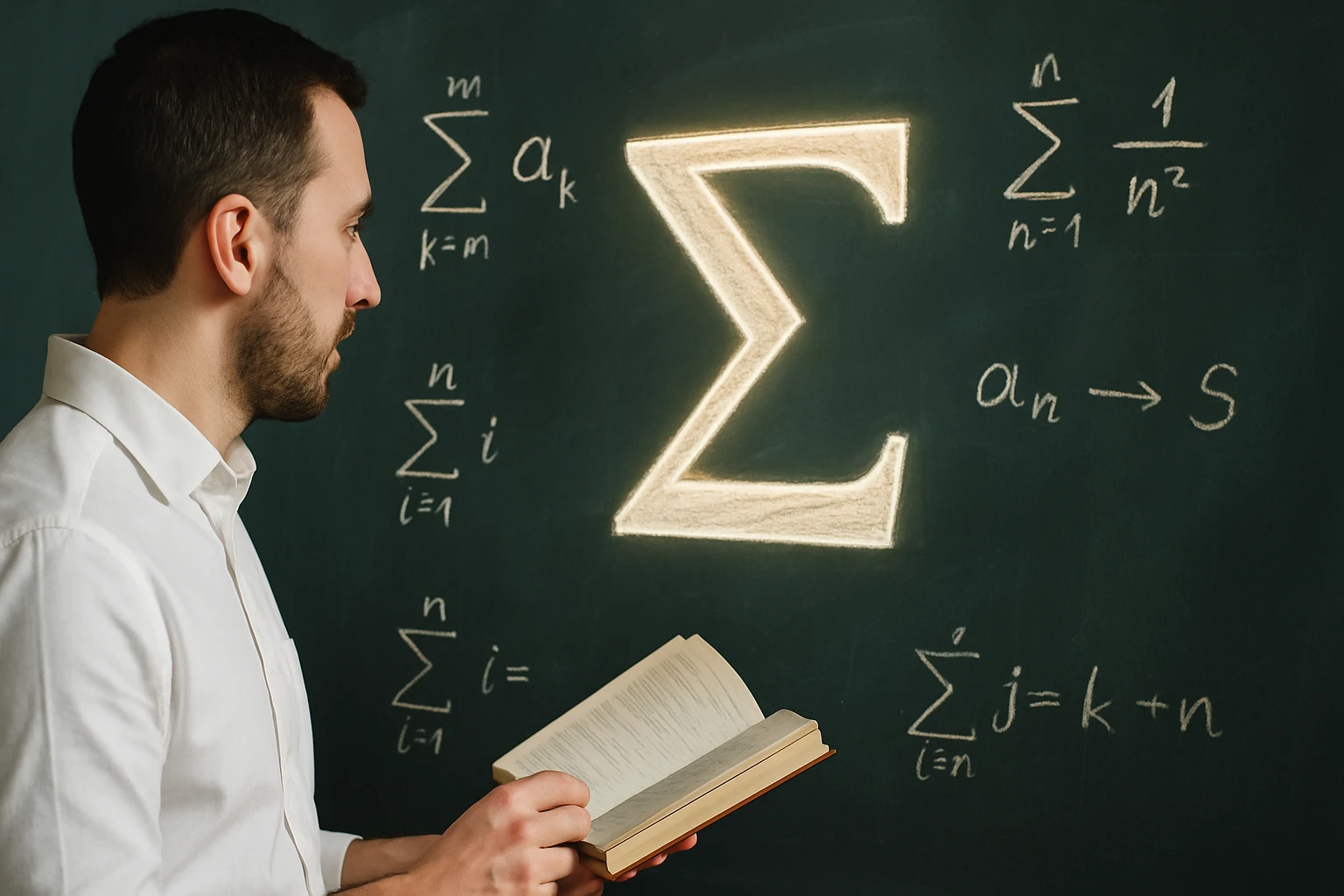 Egy férfi matematikai képleteket néz egy táblán, miközben könyvet tart a kezében.