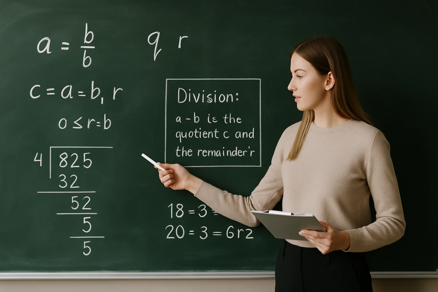 Egy tanárnő a táblánál matematikai példákat magyaráz, a feladatok között osztás is szerepel.