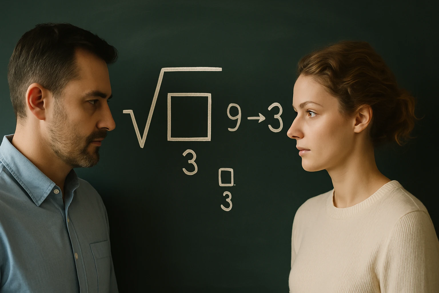 Két ember néz egymásra, mögöttük matematikai egyenletek a táblán.