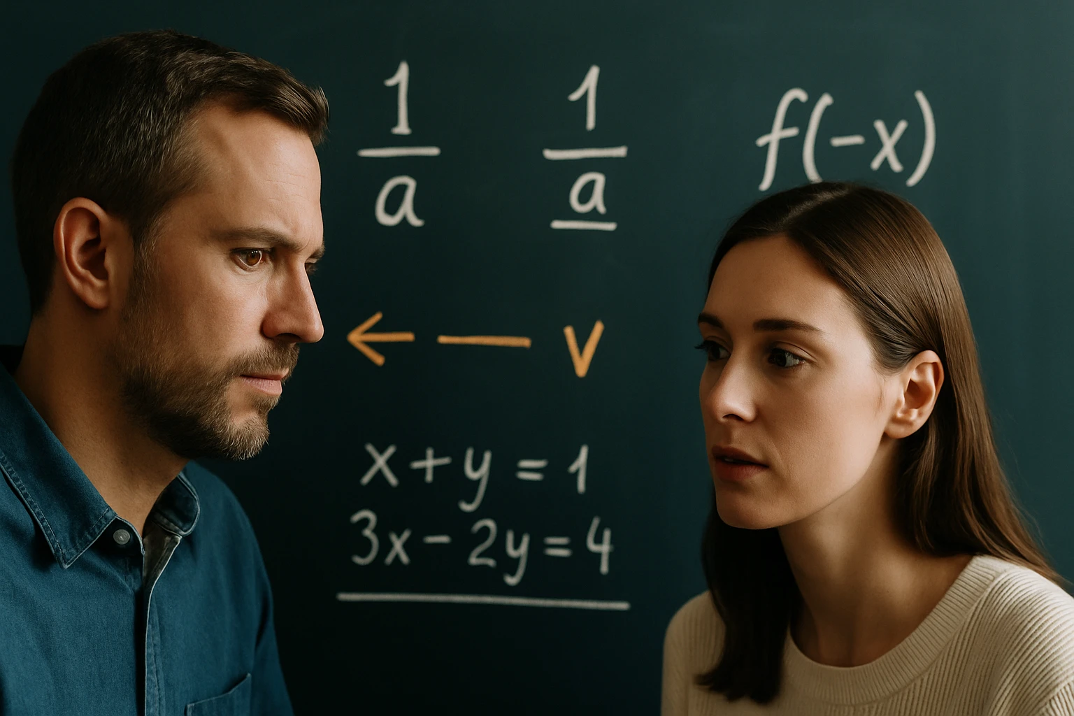 Két ember, akik matematikai egyenletek előtt állnak, mélyen egymásra figyelnek.