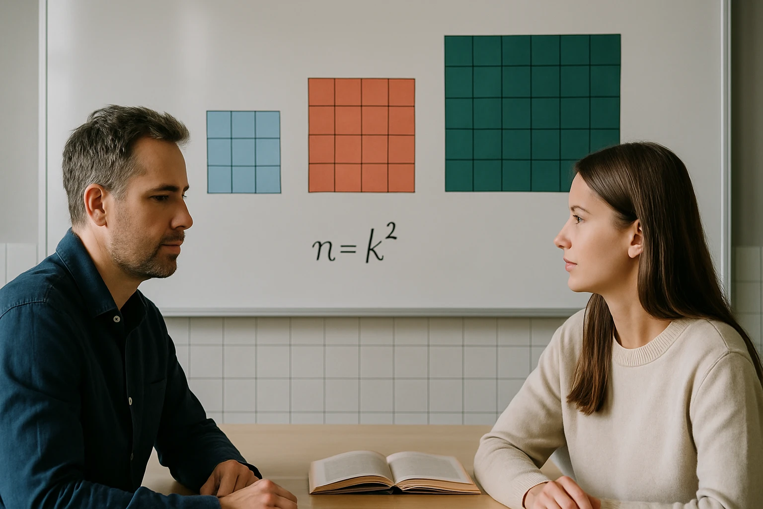 Két ember ül egy asztalnál, háttérben matematikai ábrák és egy képlet látható.