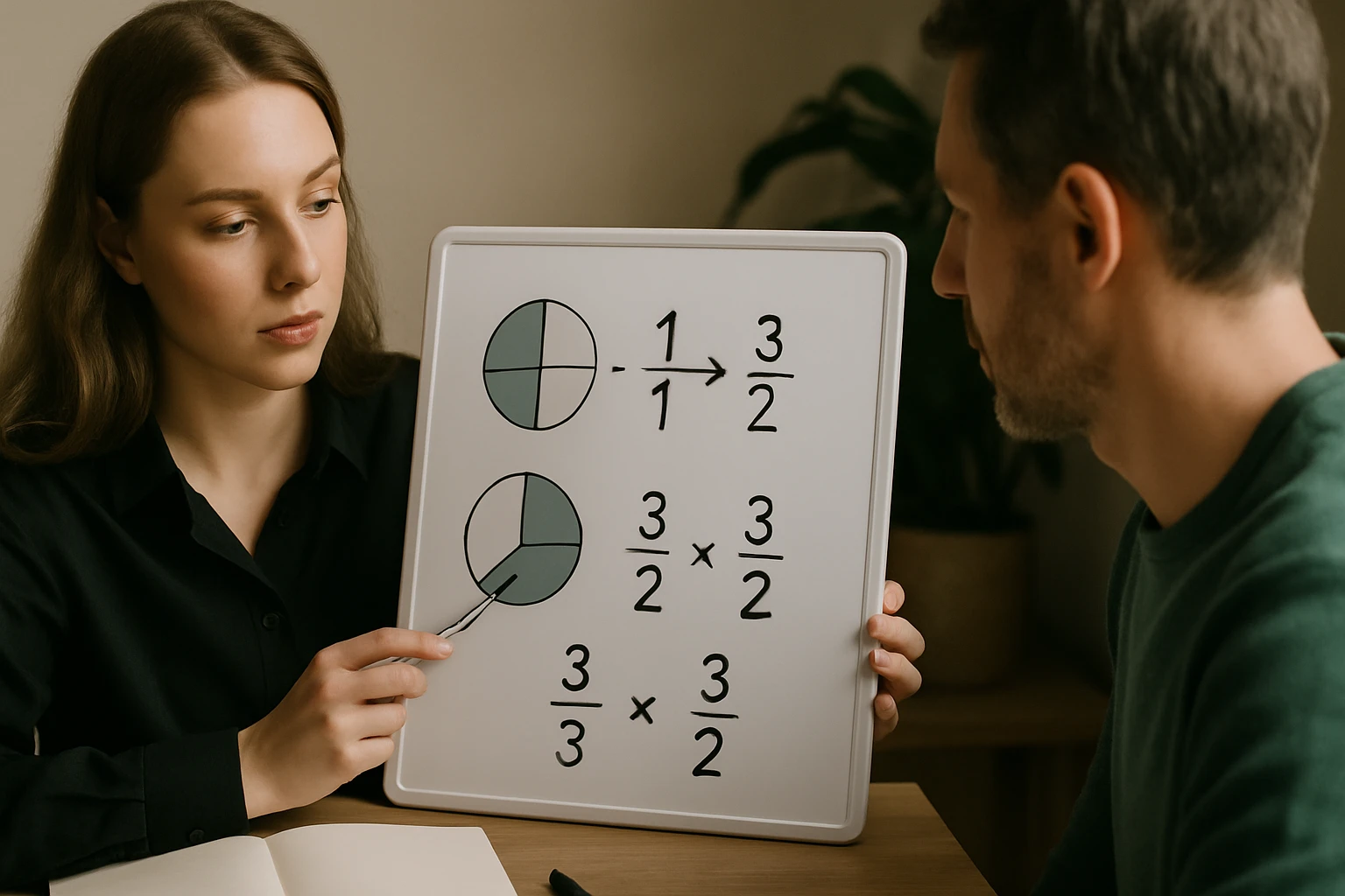 Egy nő egy táblán matematikai példákat mutat be, miközben egy férfi figyel.