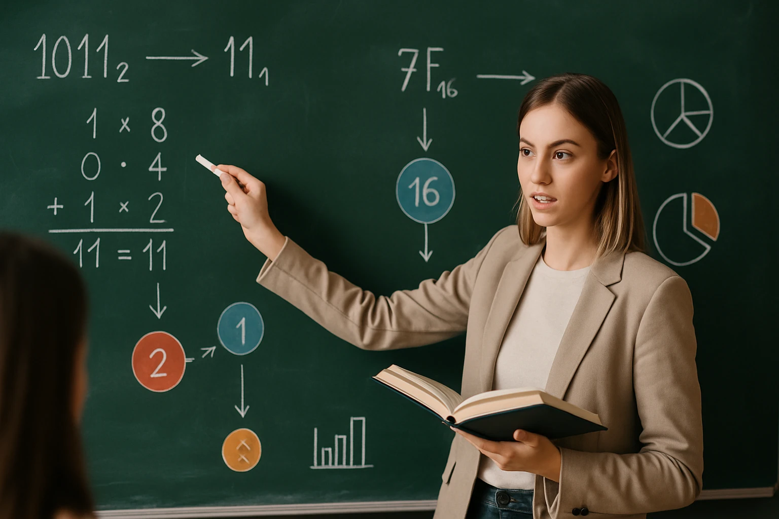 Egy tanárnő a táblán matematikai példákat magyaráz, könyvet tart a kezében.