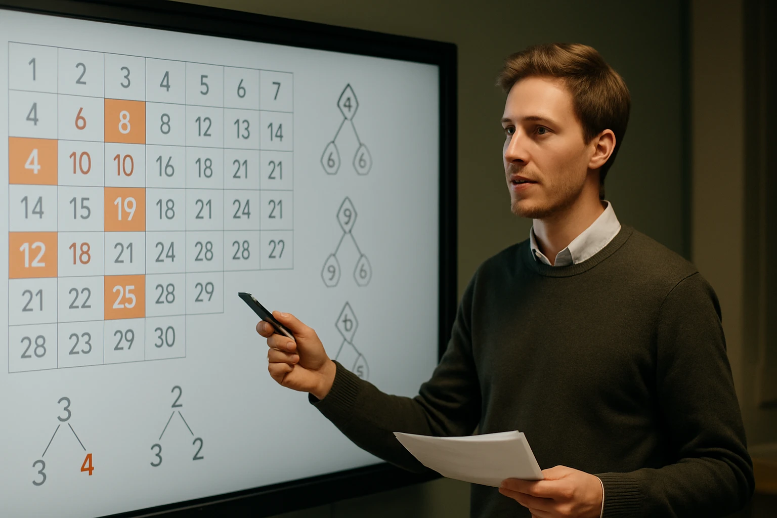Egy fiatal férfi matematikai táblázatot mutat be egy prezentáción.