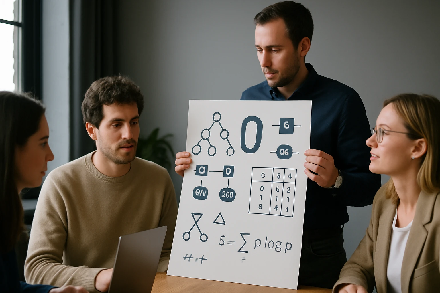 Négy ember egy matematikai posztert néz, amely különböző képleteket és diagramokat tartalmaz.