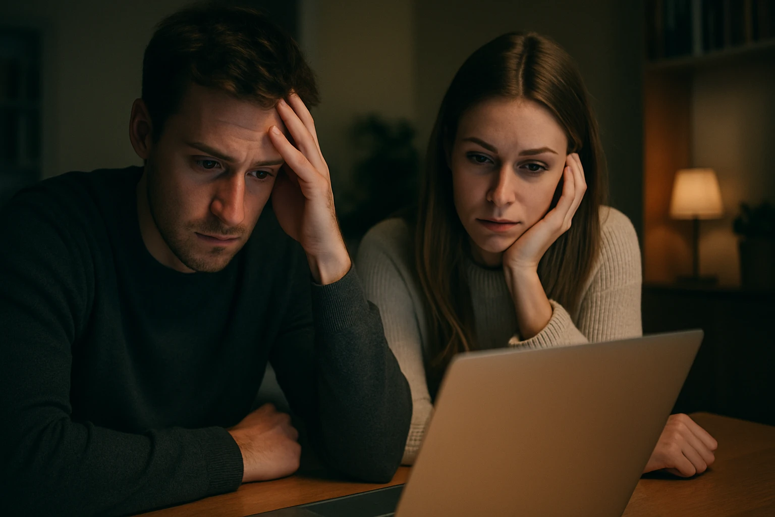 Két fiatal, aggódó ember néz egy laptop képernyőjére sötét szobában.