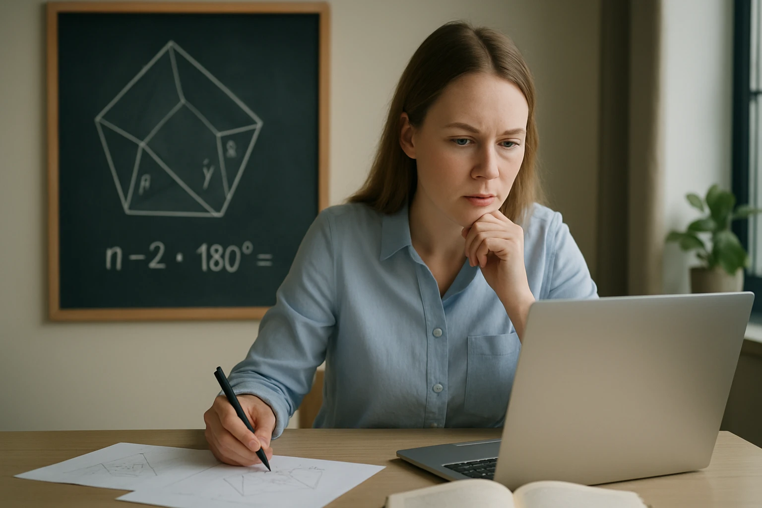 Egy fiatal nő matematikai feladatot old meg a számítógépén, papíron jegyzetel.